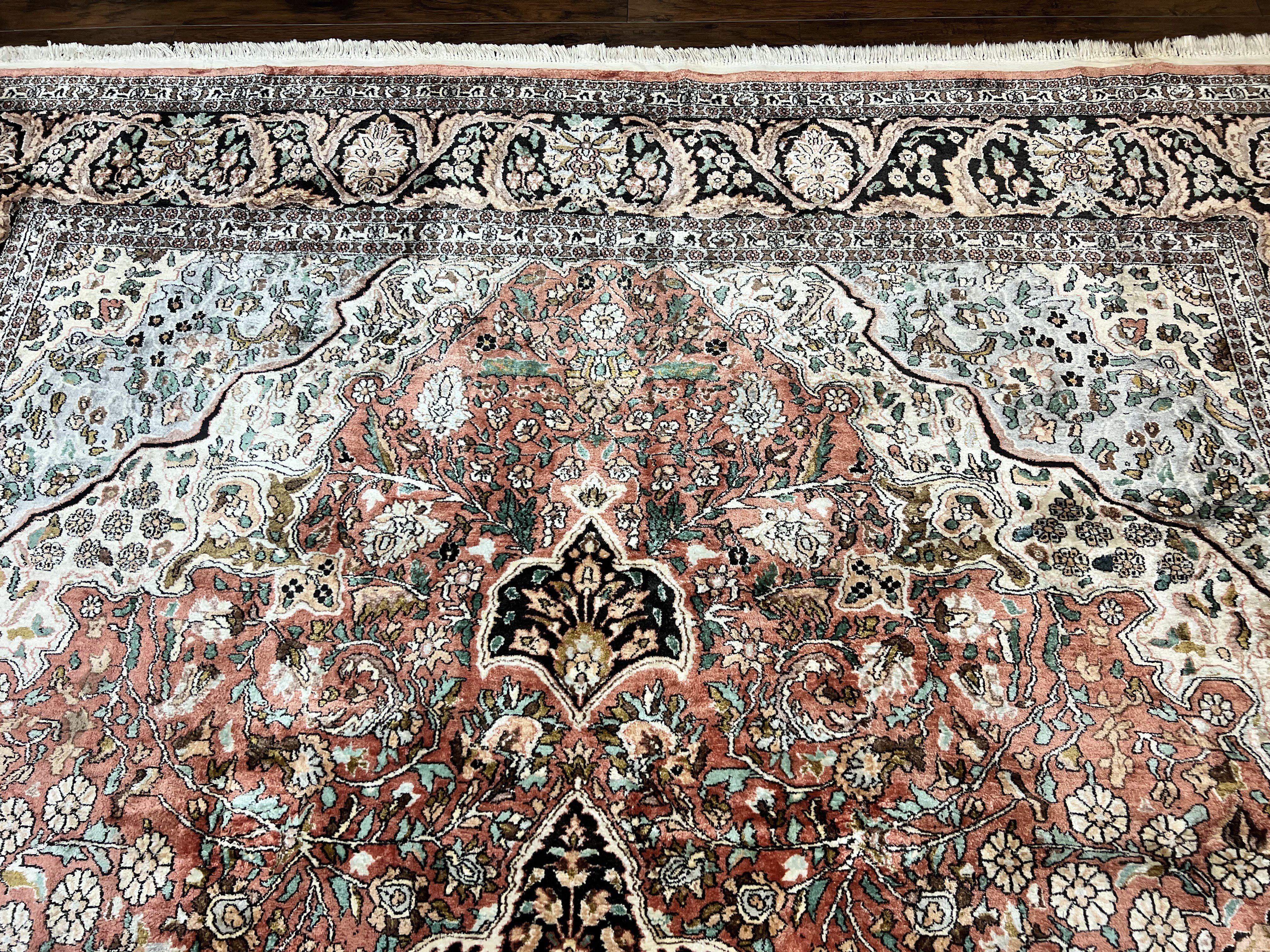 Silk Indian Kashmir Rug 10x14, Room Sized Silk Oriental Carpet, Indo Persian Kashmiri Rug, Traditional Floral Medallion Handmade Rug - Jewel Rugs
