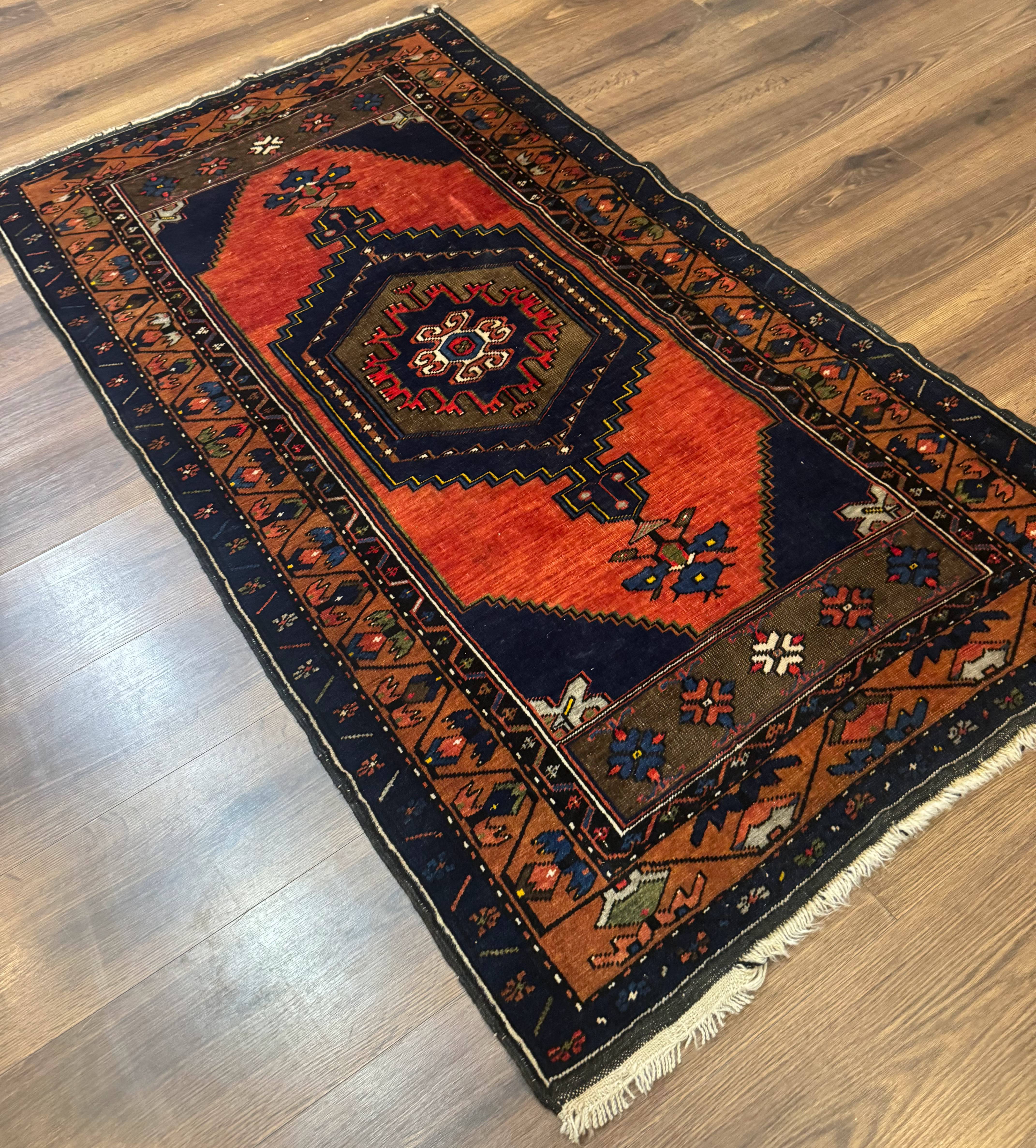 Persian Rug 3x6, Geometric Medallion, Village Tribal Rug, Terracotta and Navy Blue, Antique Nahavand Hamadan Rug - Jewel Rugs