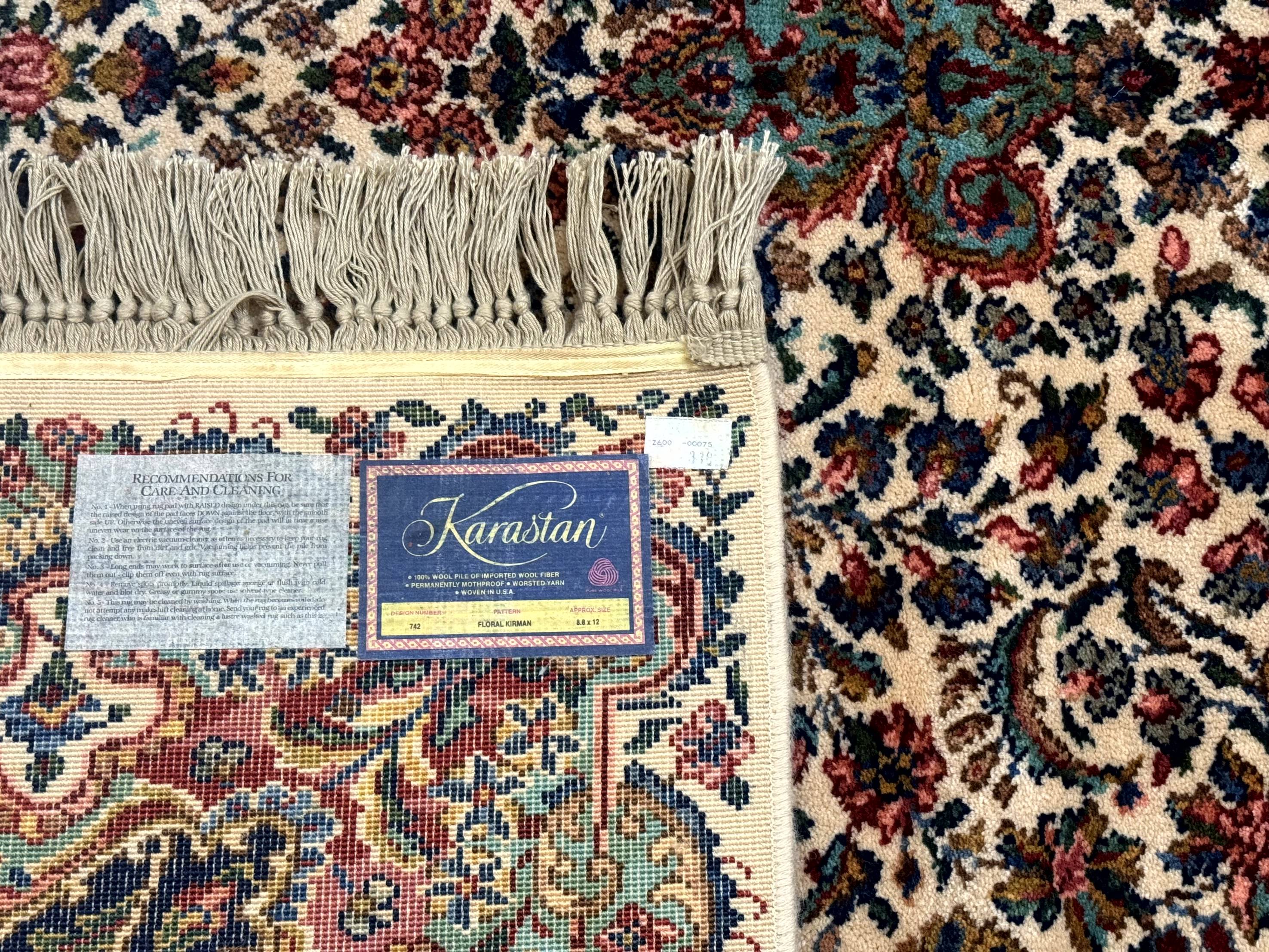 Karastan Ivory Kirman Rug #742, Wool Karastan Carpet 8.8 x 12, Vintage - Jewel Rugs