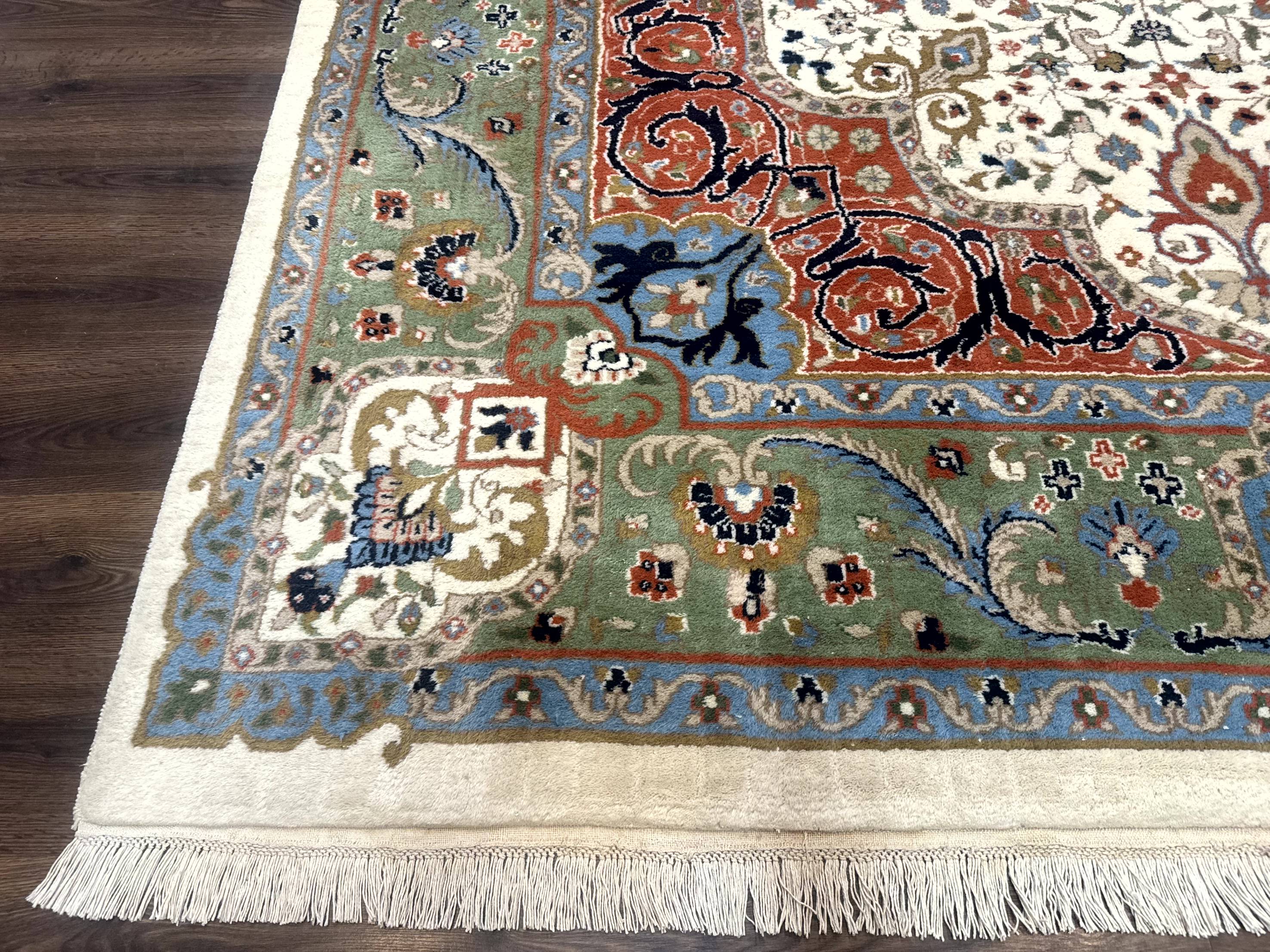 Indo Persian Rug 9x12, Ivory Red Green, Traditional Oriental Carpet - Jewel Rugs