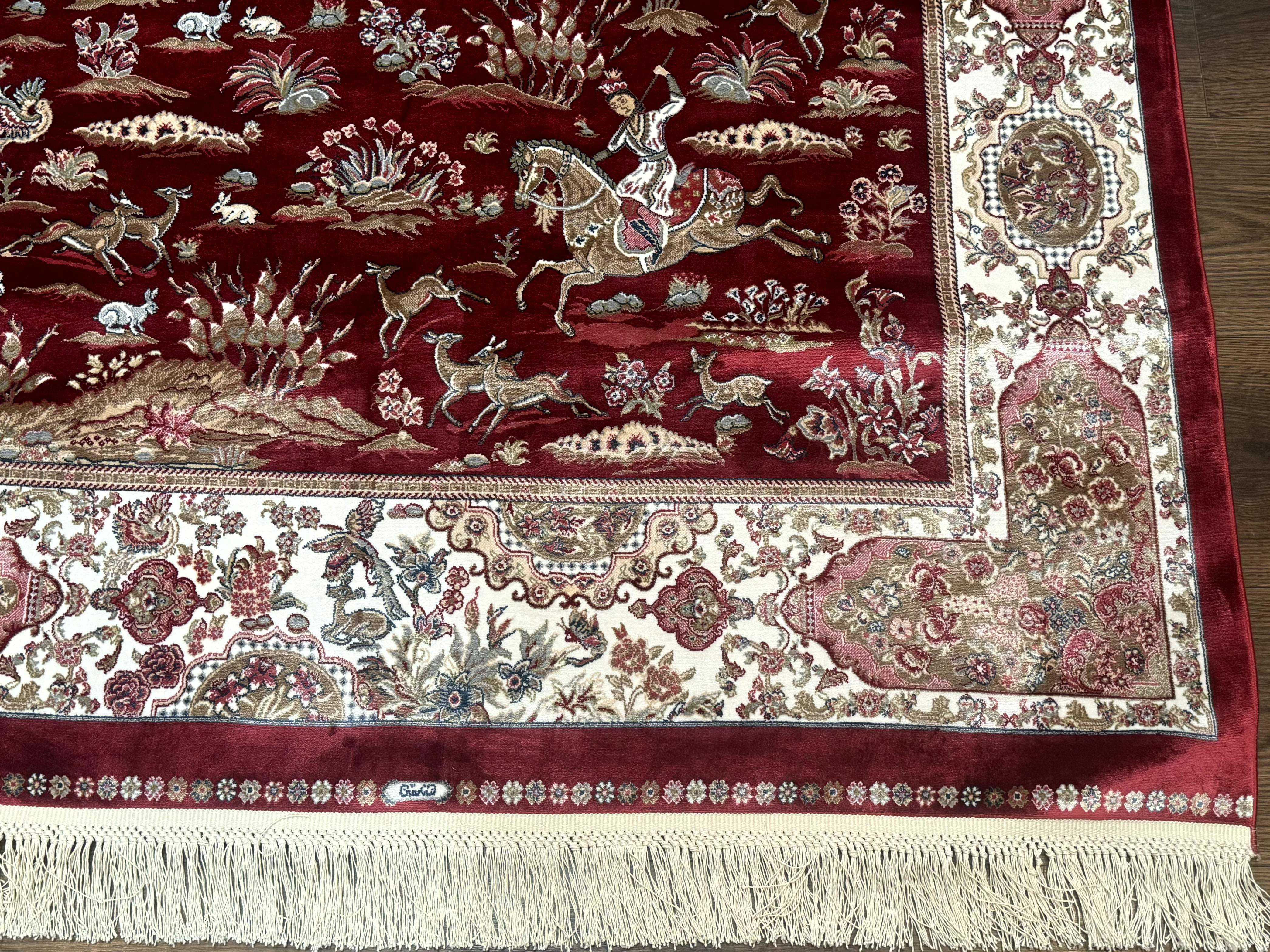 Turkish Silk Hunting Design Rug 4x6, Dark Red & Ivory, Bamboo Silk, New - Jewel Rugs