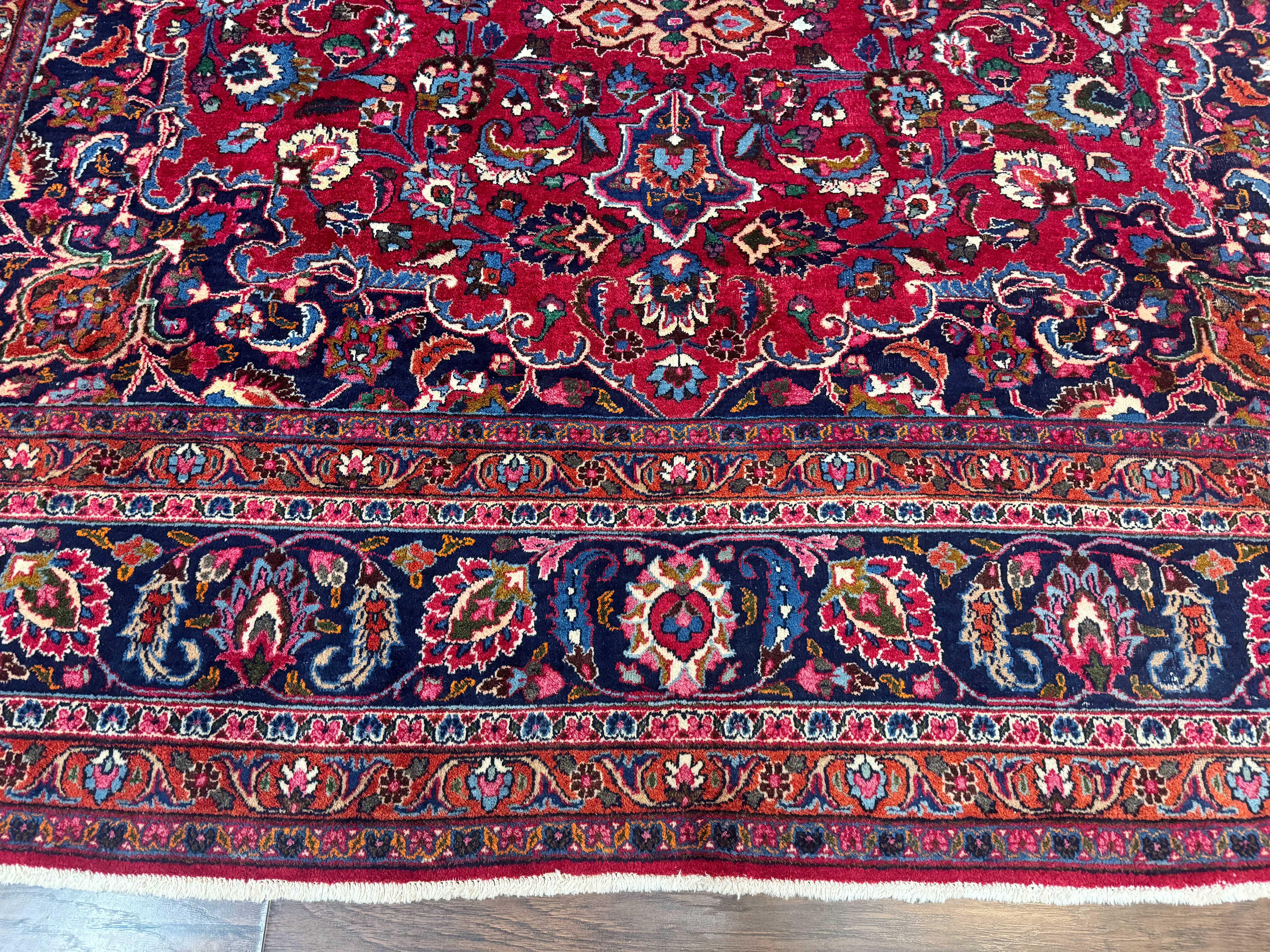 Antique Persian Mashad Rug 10x13, Red and Navy Blue, Great Colors, Signed By Masterweaver, Floral Medallion, Handmade Wool Persian Carpet - Jewel Rugs