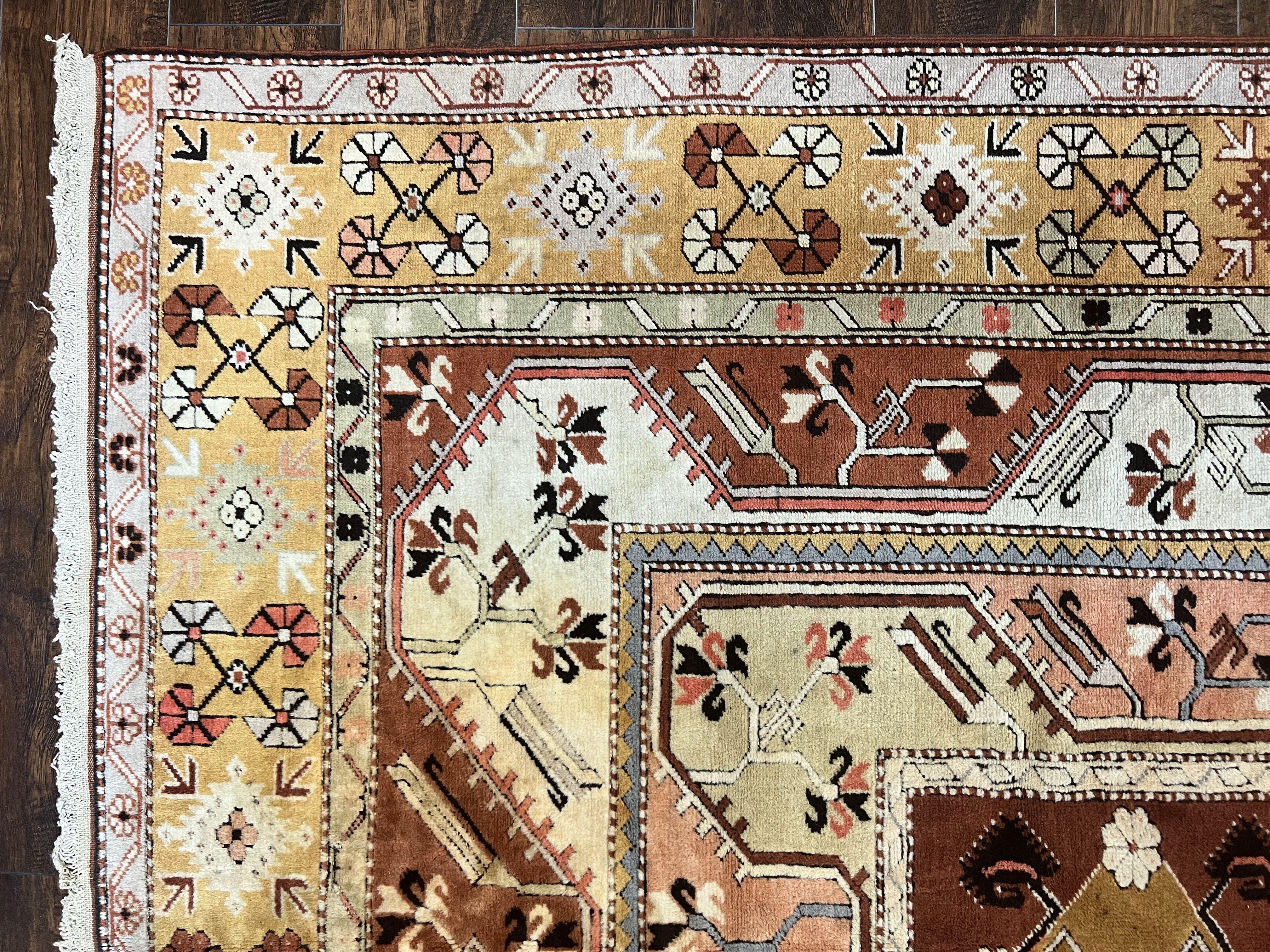 Turkish Rug 7x10, Wool Hand Knotted Vintage Carpet, Geometric Kazak Pattern - Jewel Rugs