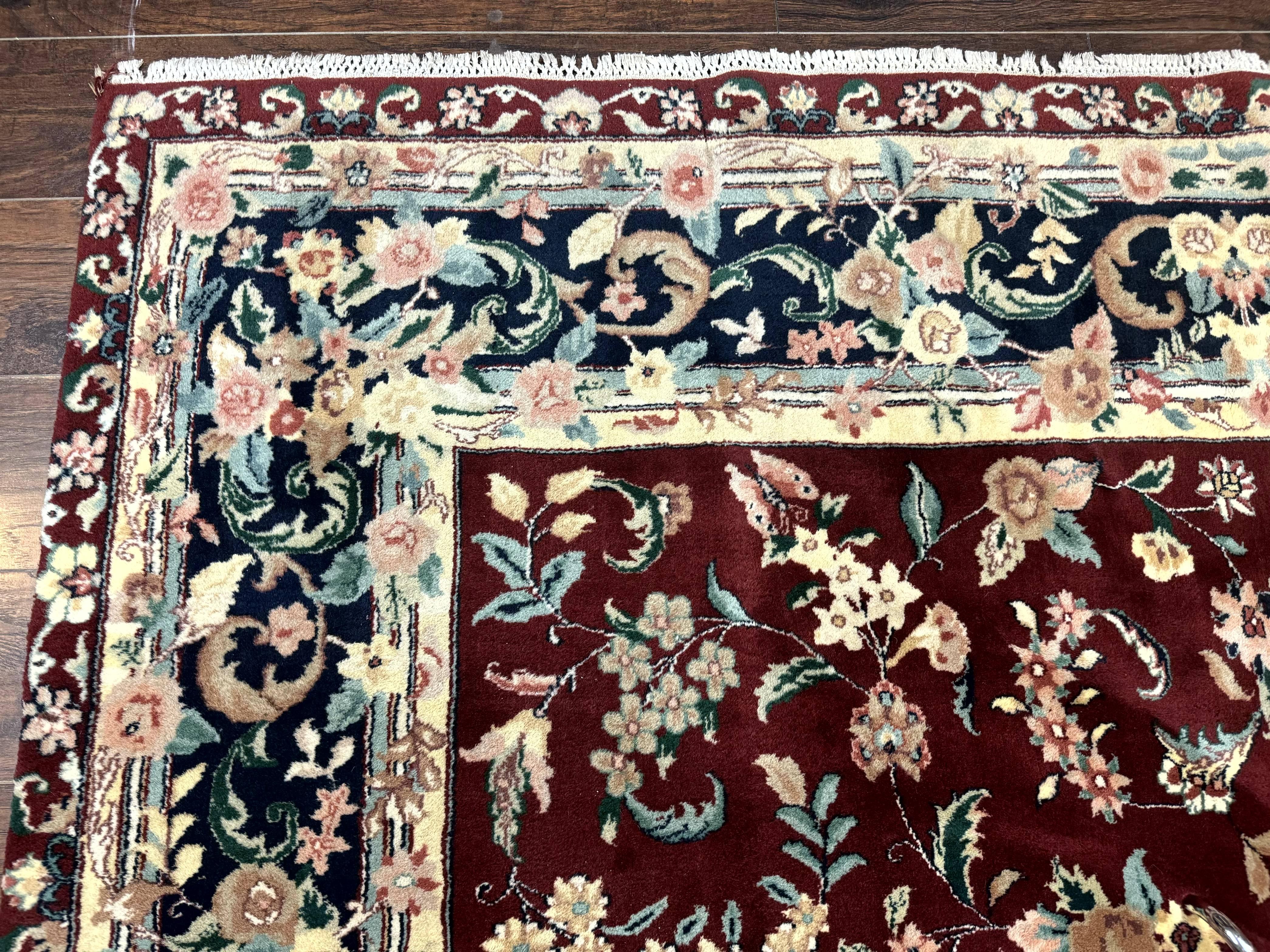 Indo Persian Rug 8x10, Floral Allover with Bird Pictorials, Maroon and Navy Blue, Handmade Wool Area Rug - Jewel Rugs