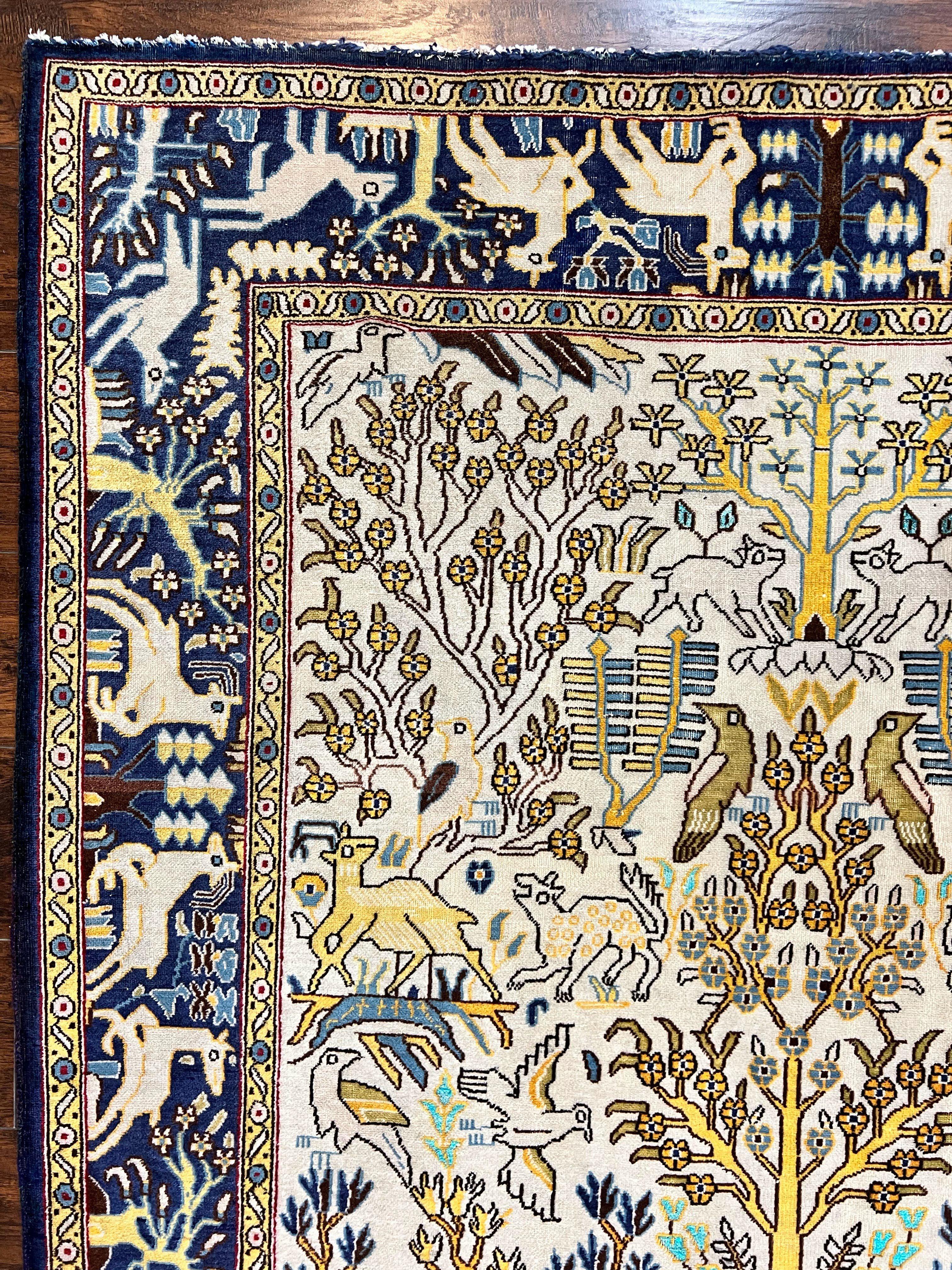 Persian Tree of Life Rug 5x9, Qum Rug, Animal Motifs Deer Birds, Cream and Navy Blue, Semi Antique Vintage Handmade Carpet, Wool & Silk Highlights - Jewel Rugs