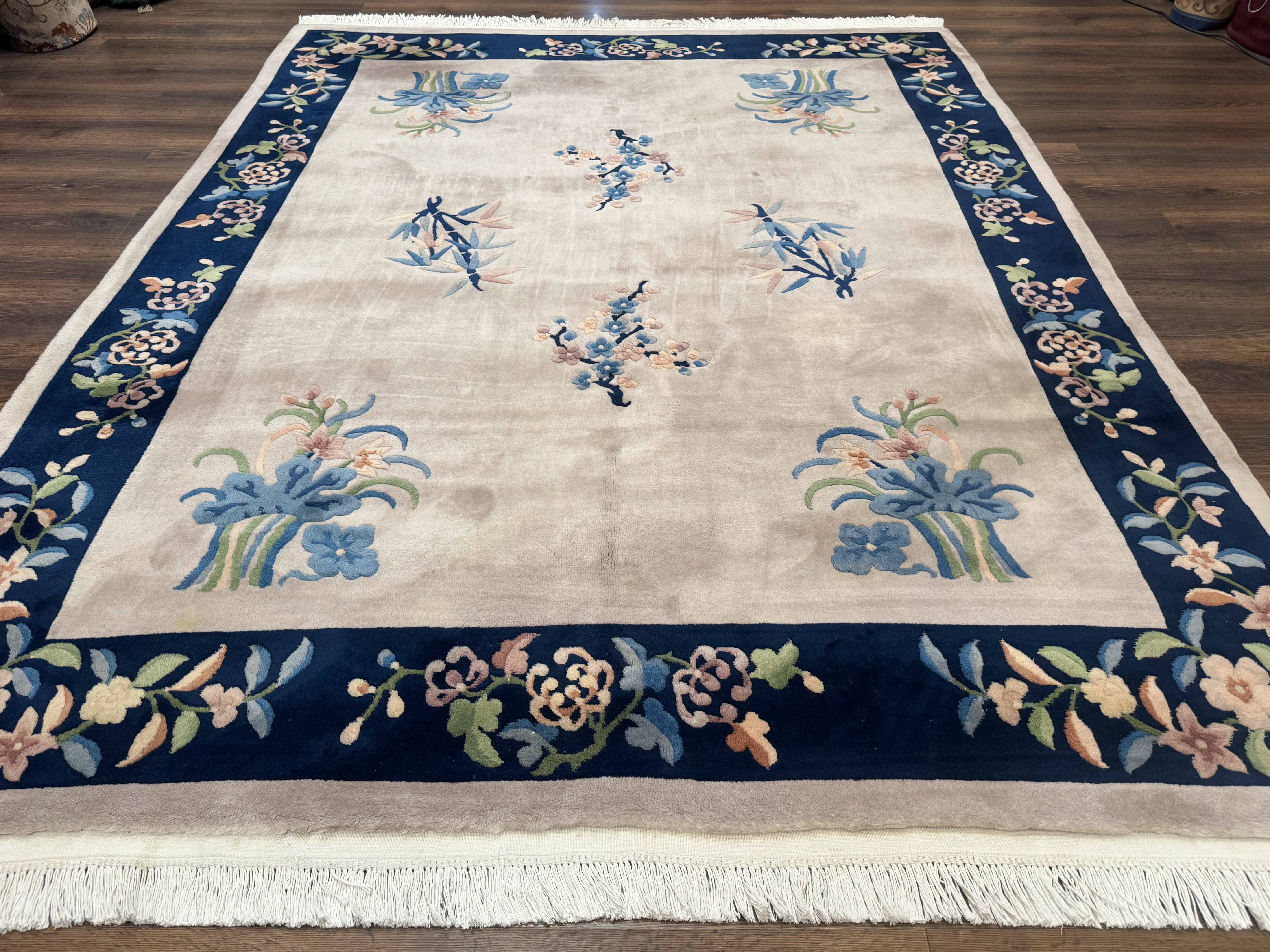 Chinese Wool Rug 8x10, Light Gray and Navy Blue, Floral, Chinese 120 Line Carpet - Jewel Rugs