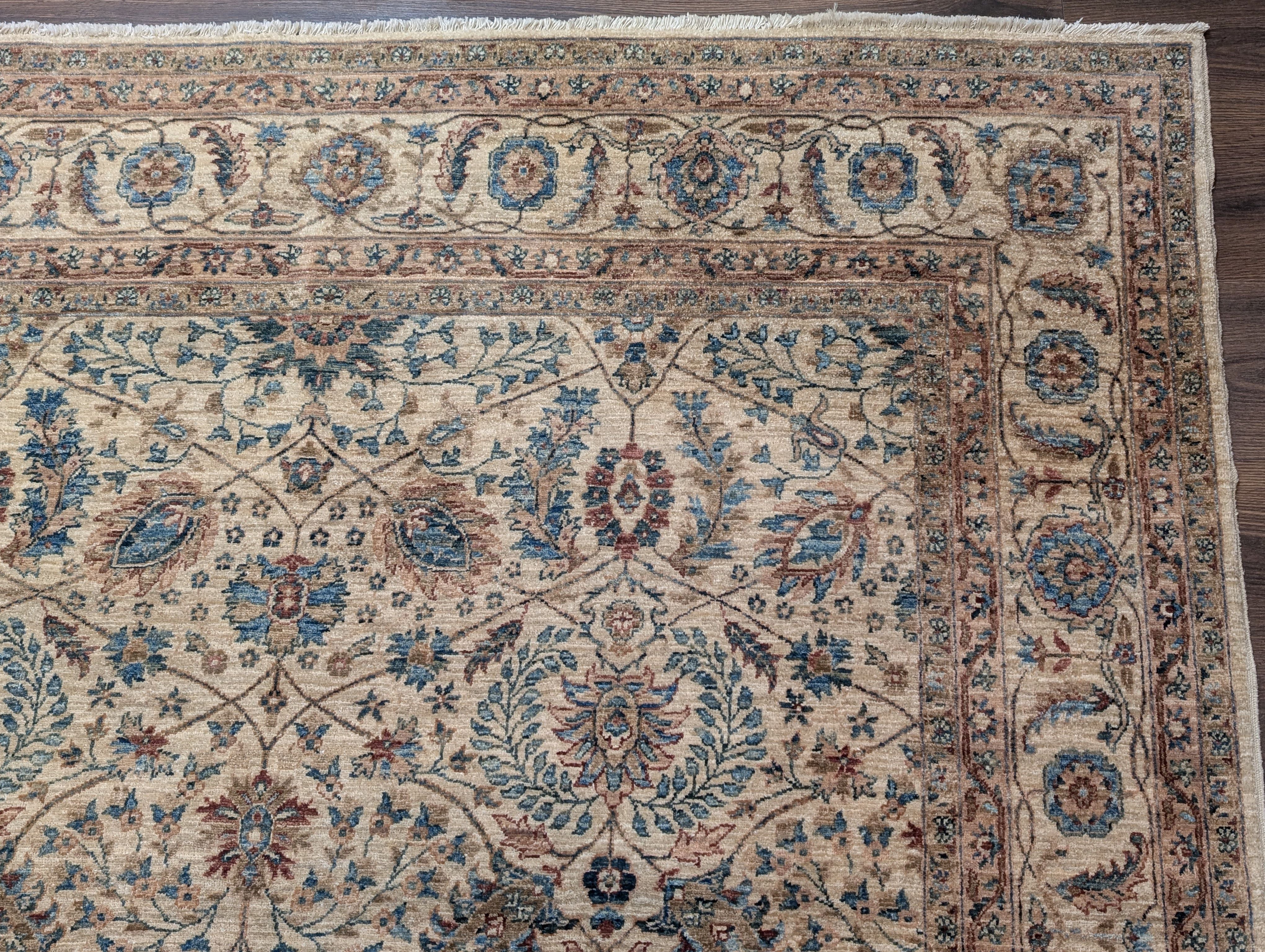 Persian Kashan Rug 6x9 – Oat and Blue Hand Knotted Wool Carpet, Light Colors, 200 KPSI - Jewel Rugs