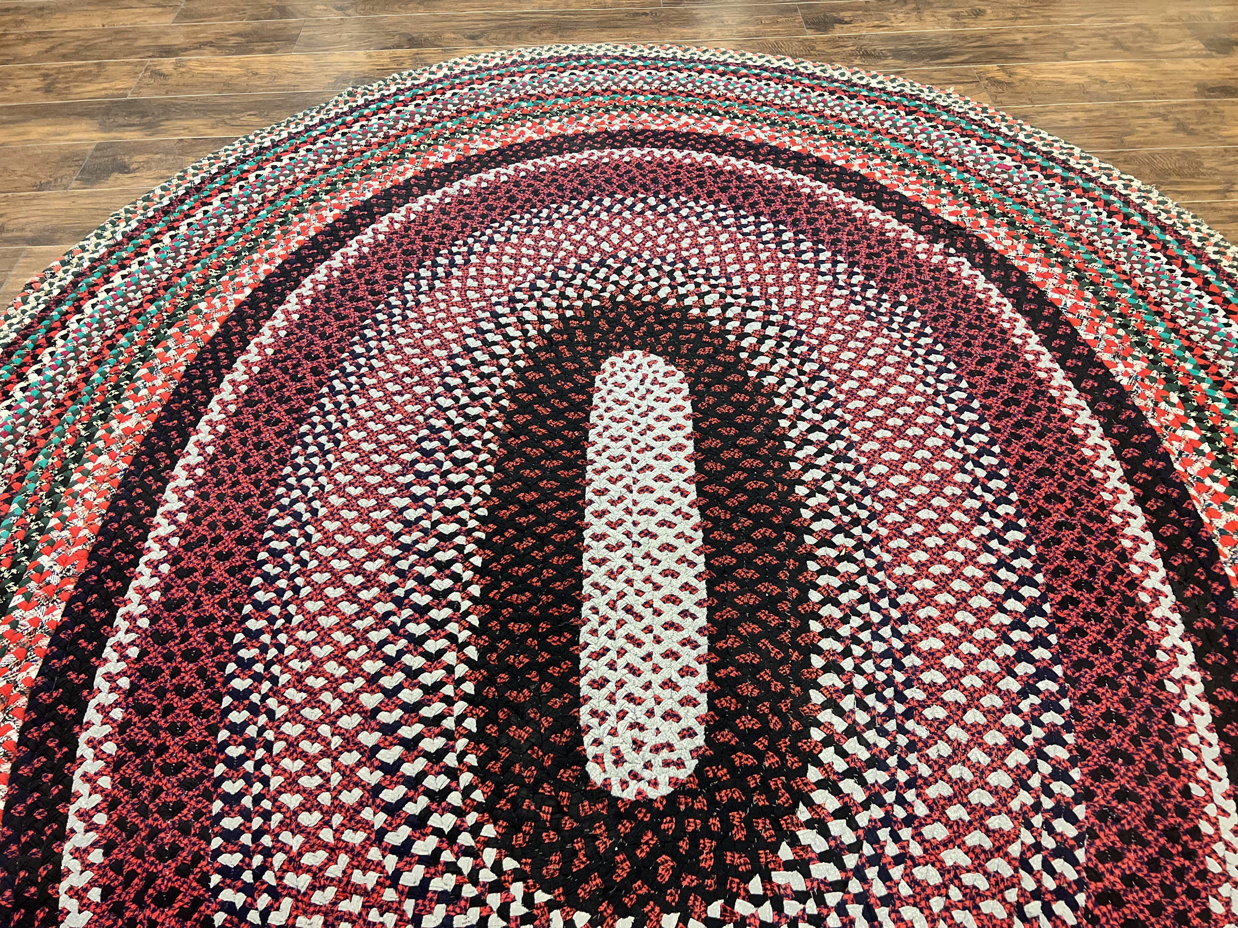 Large American Braided Rug 8x10, Multicolor Reds, Hand Braided Oval Carpet, Vintage - Jewel Rugs