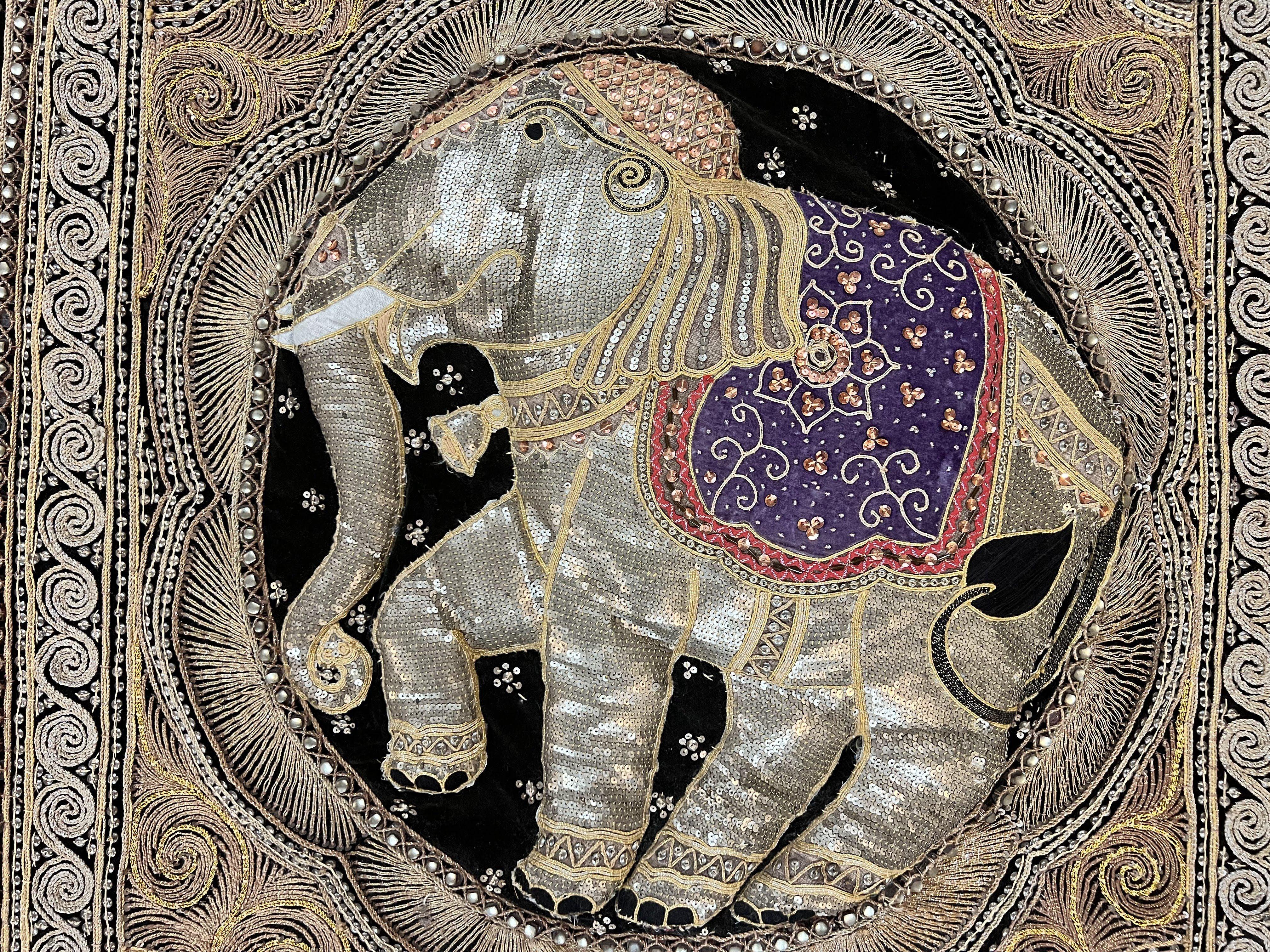 Indian Embroidery 3x3, Elephant Design, Detailed Needlepoint, Beadwork - Jewel Rugs