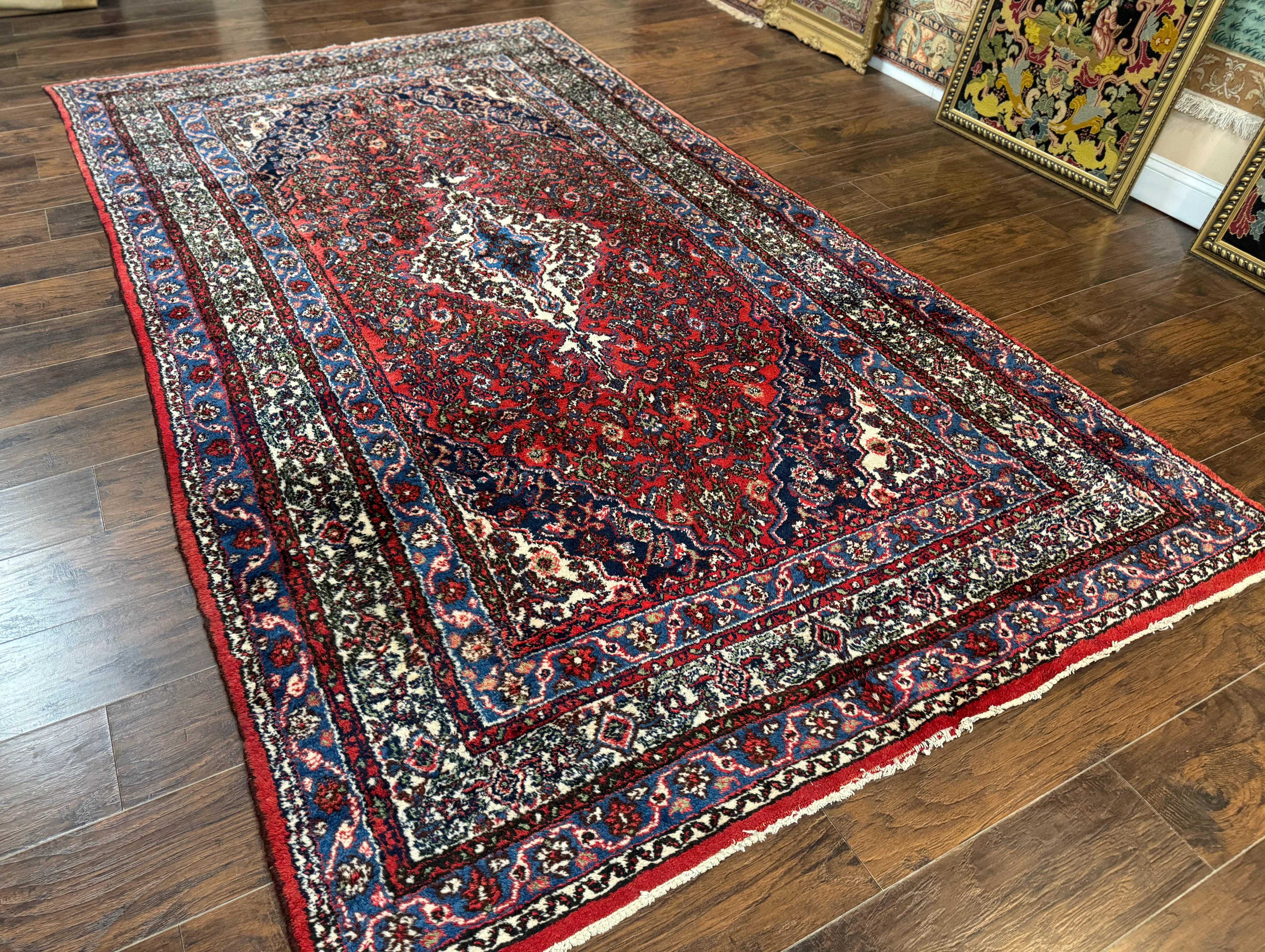 Persian Tribal Rug 6x11, Red Blue Ivory, Antique Persian Carpet, Hamadan Dargazin Carpet - Jewel Rugs
