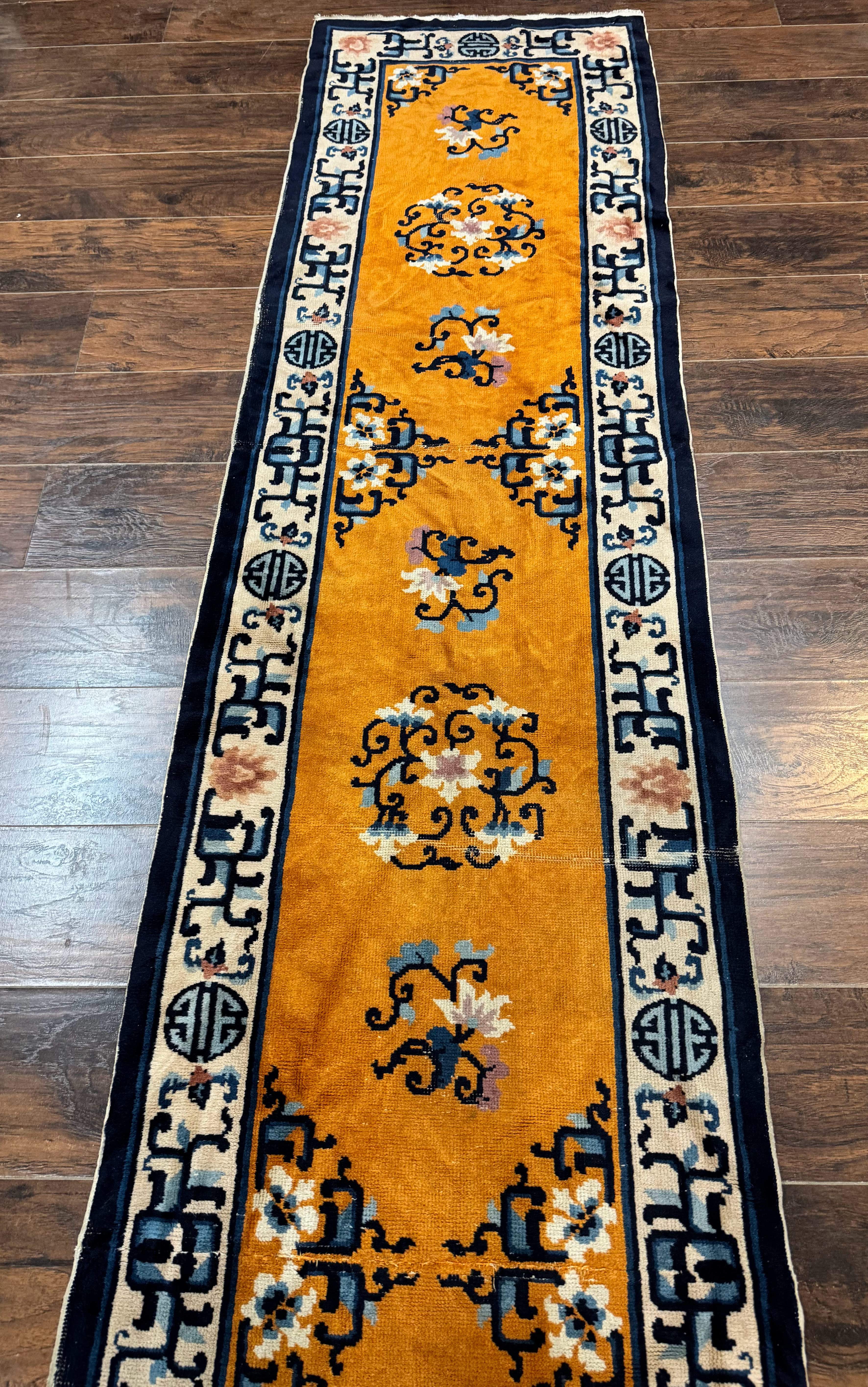 Chinese Peking Runner Rug 2x15 – Orange Ivory & Blue, Hand-Knotted Wool Antique Runner - Jewel Rugs