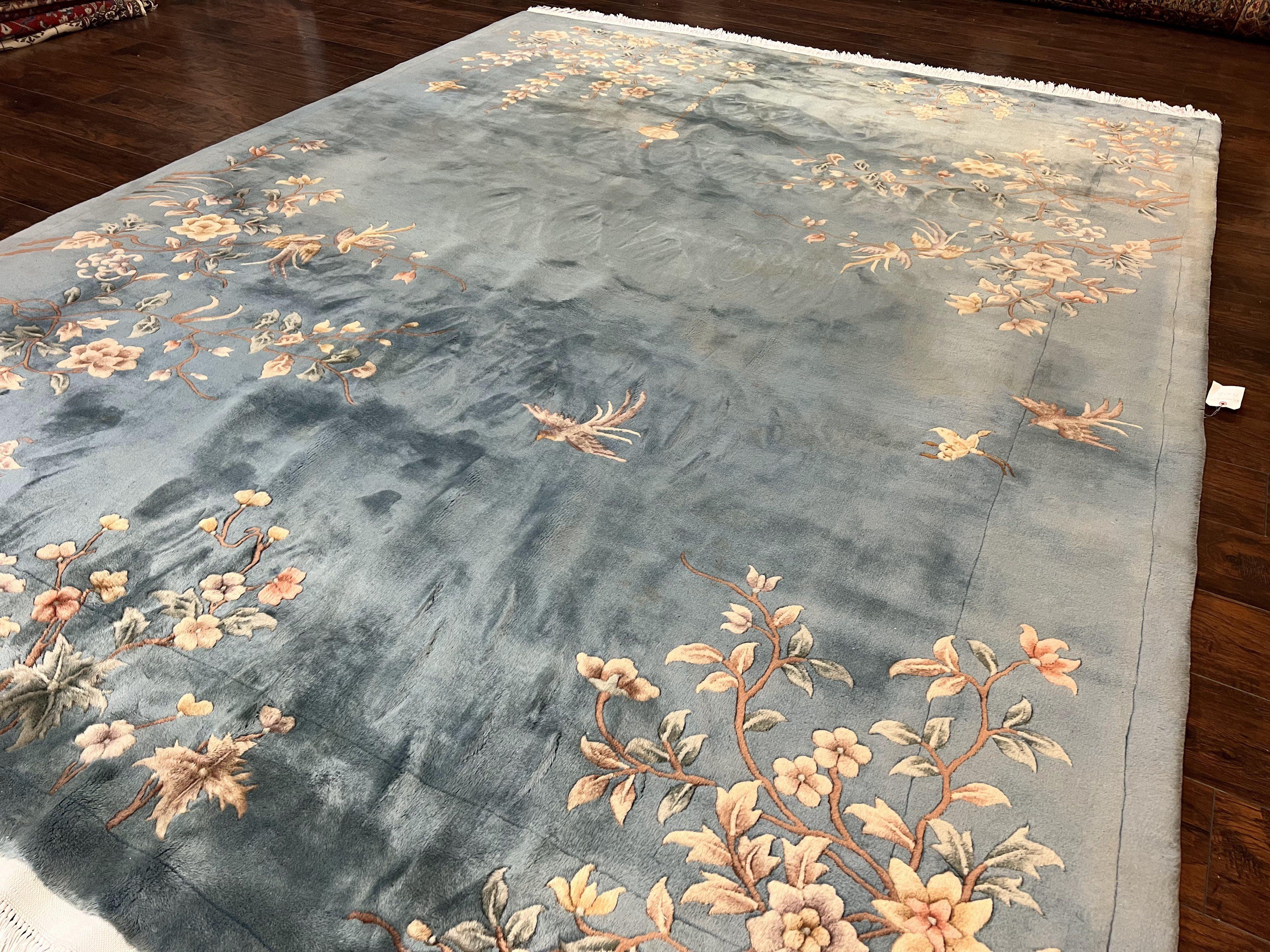 Chinese Wool Rug 9x12, Art Deco Carpet 9 x 12, Wool Handmade Vintage 90 Line Carving Rug, Floral Simple Design - Jewel Rugs