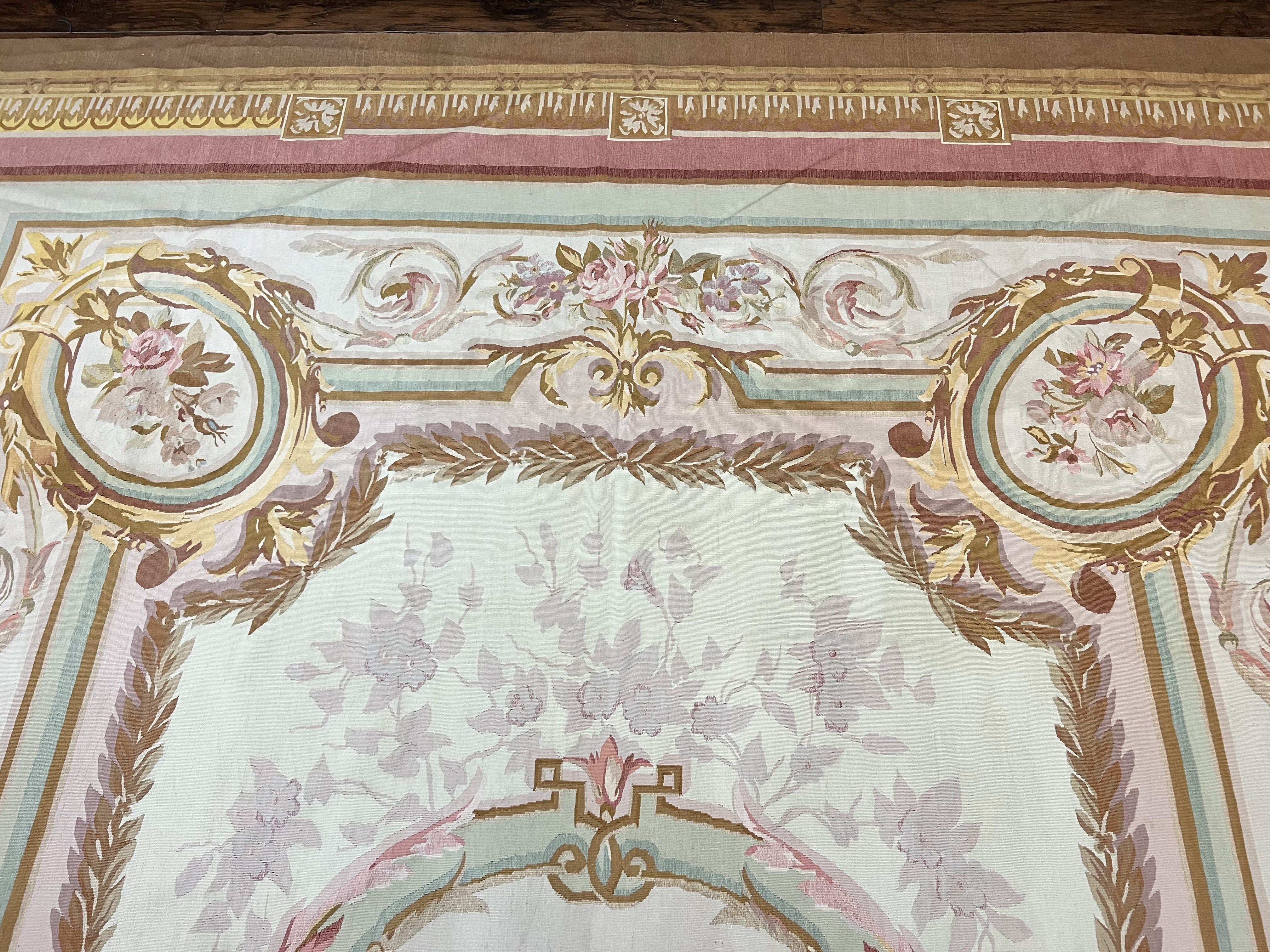 Large Aubusson Rug 11x15, Oversized Gallery Palace Size Flatweave Savonnerie Carpet 11 x 15 ft, Wool Handmade Vintage Elegant European - Jewel Rugs
