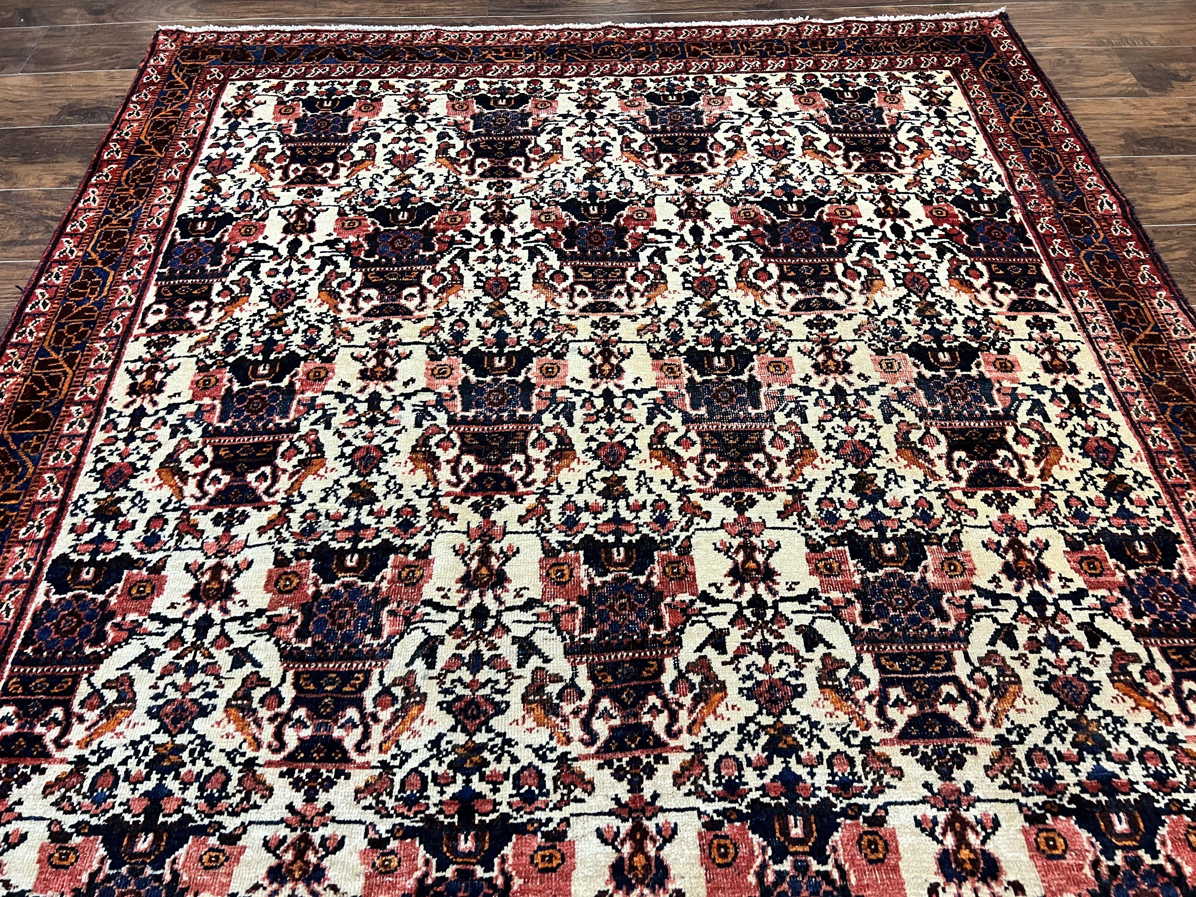 Persian Afshar Rug 6x8, Wool Hand Knotted Semi Antique Vintage Carpet, Floral Allover, Repeated Birds Flowers Vases Motifs - Jewel Rugs