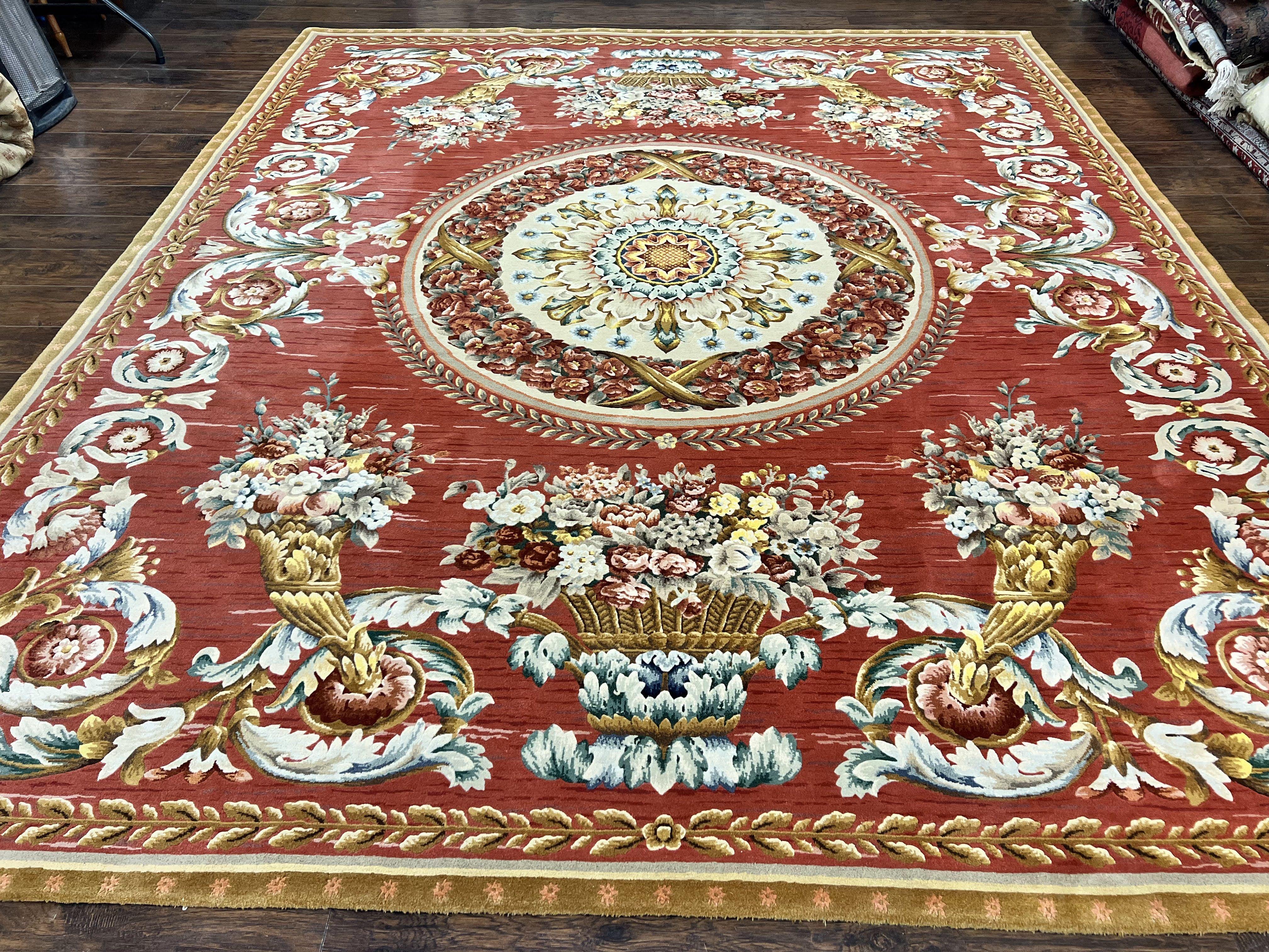 Aubusson Rug 10x12, Large Handmade Aubusson Wool Pile Vintage Stark Carpet 10 x 12, Savonnerie French European Design Floral Bouquets, Red - Jewel Rugs