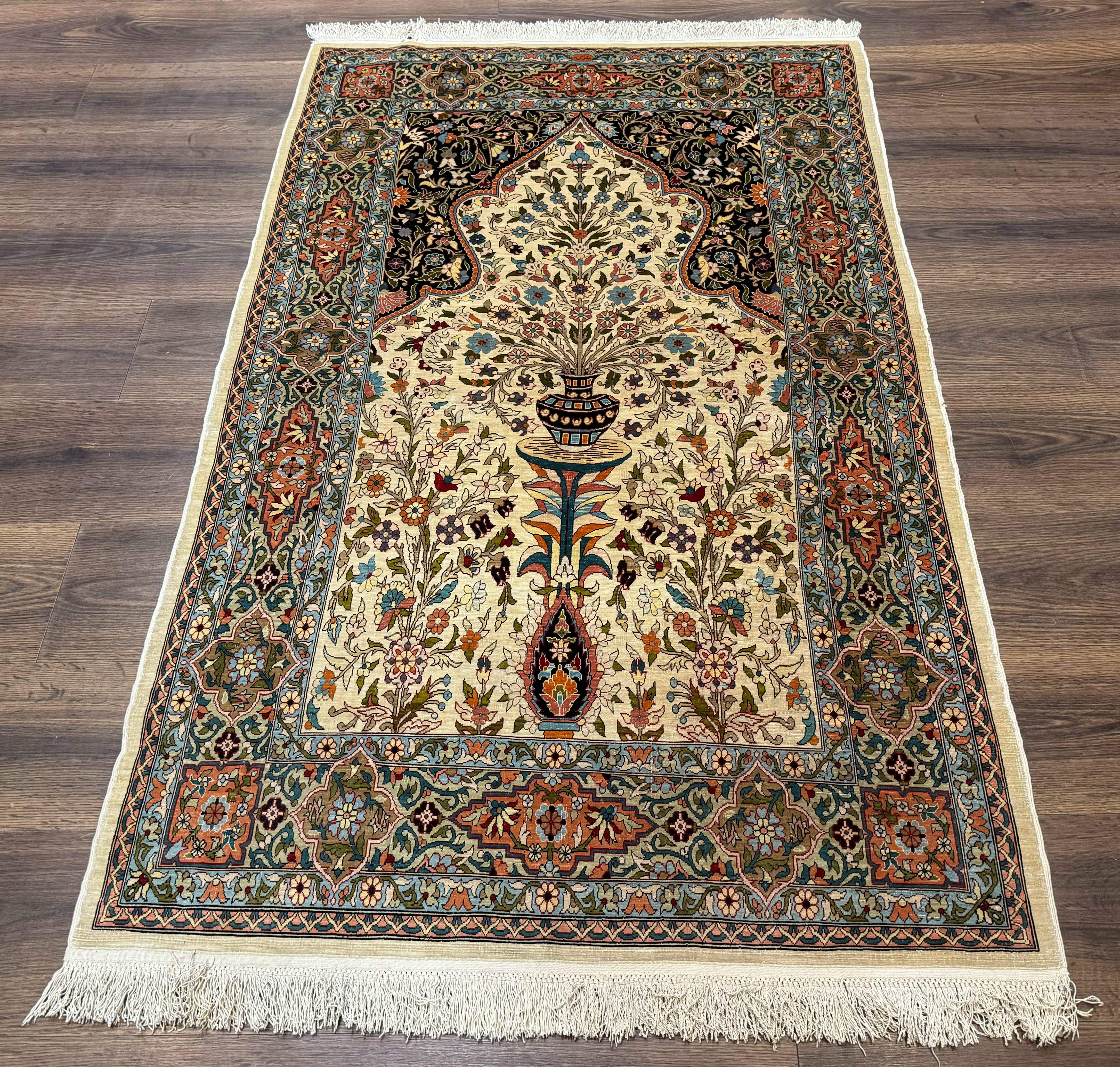 Rare Turkish Hereke Silk Rug 3x5, Tree of Life Persian Vase Design, Very Fine 440 KPSI, Signed - Jewel Rugs