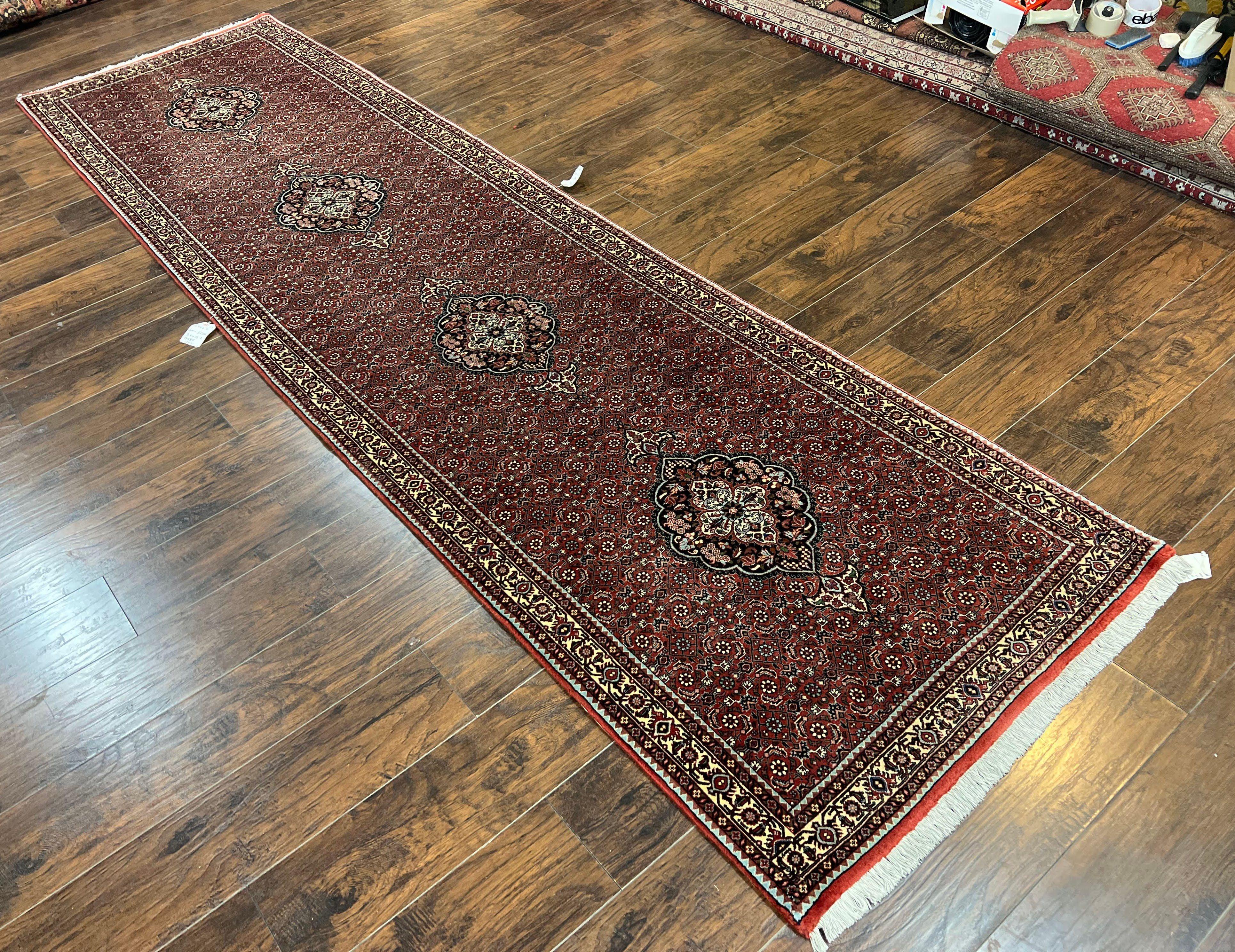 Persian Bidjar Runner Rug 3.5 x 12.7, Mahi Herati Pattern, Vintage Bijar Rug, Hand Knotted Fine Oriental Runner Rug, Wool, Dark Red, Hallway Rug - Jewel Rugs