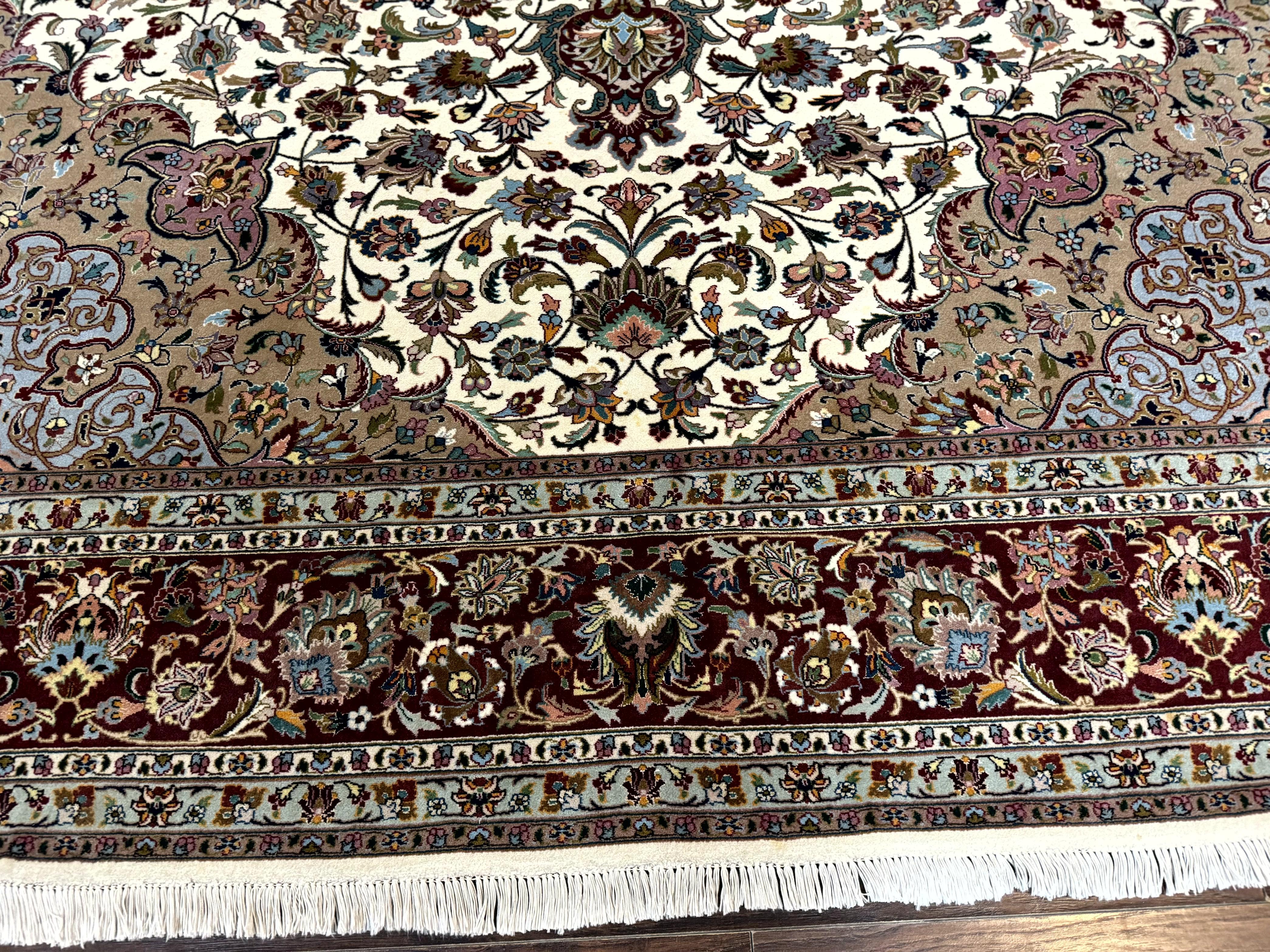 Persian Tabriz Rug 8x11, Floral Medallion Traditional Area Rug, Fine 300 KPSI, Ivory Maroon - Jewel Rugs