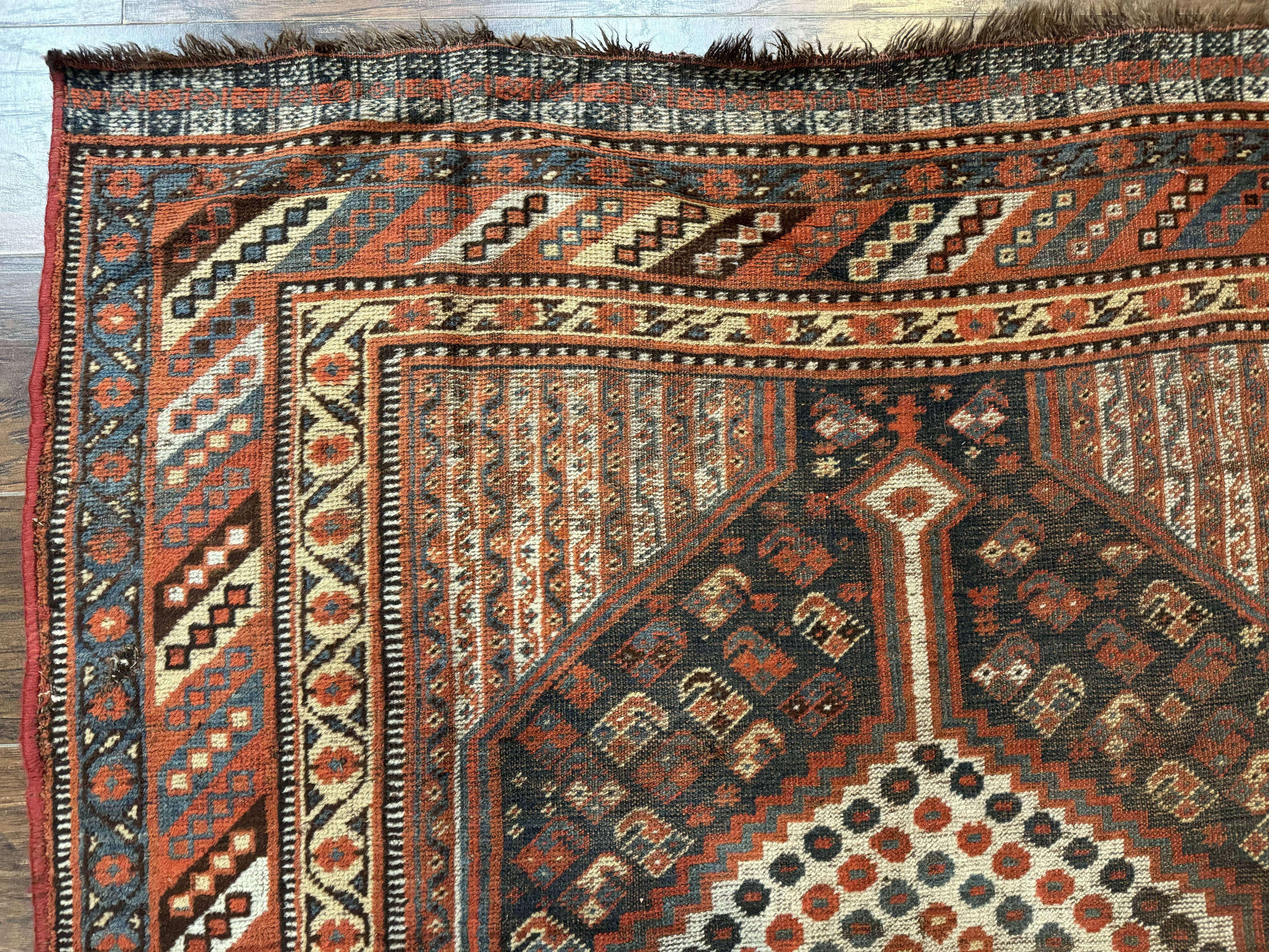 Antique Persian Shiraz Rug 5x8, Khamseh Tribal Wool 1920s Carpet, Navy Blue - Jewel Rugs