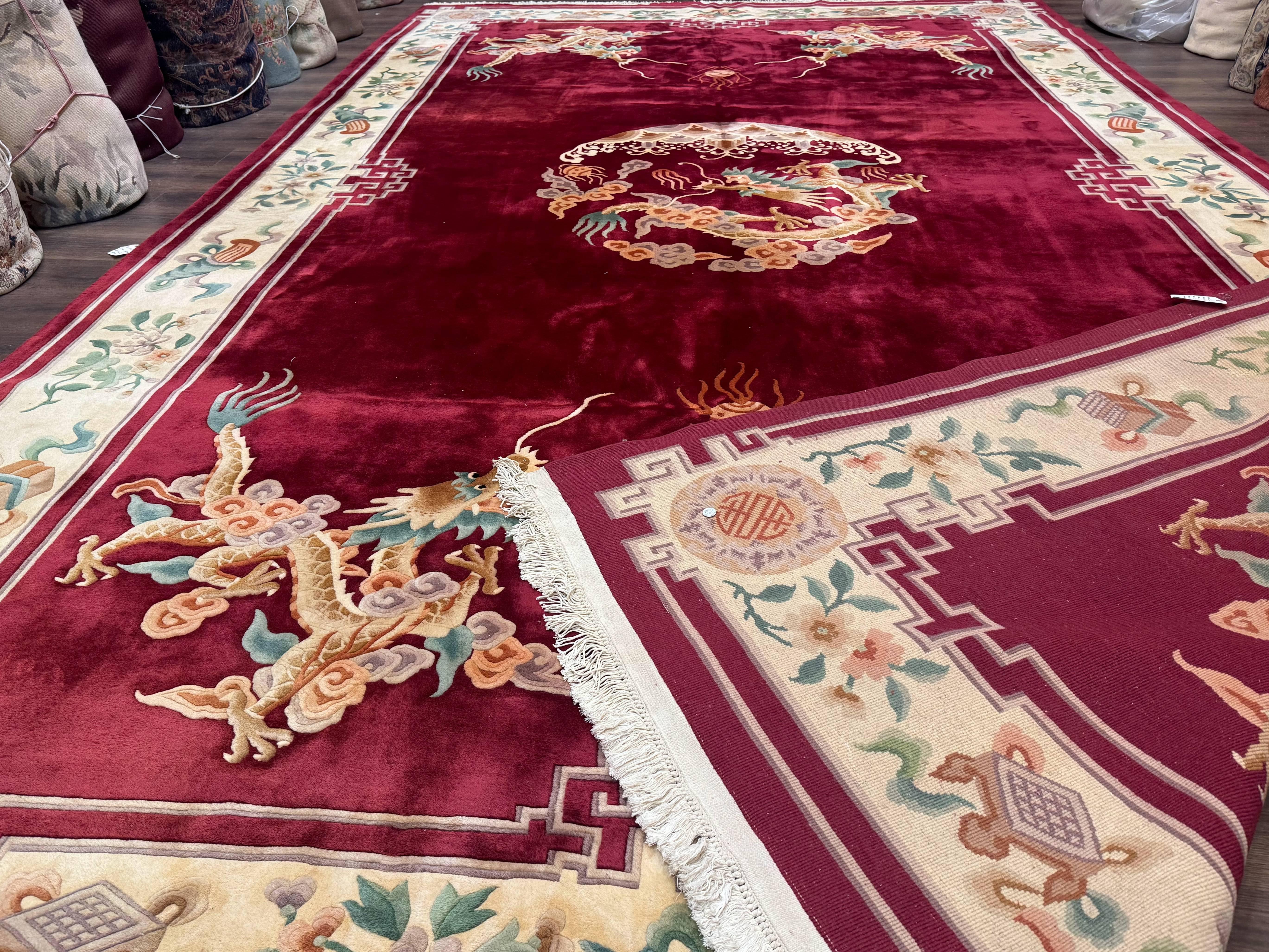 Large Chinese Wool Rug with Dragons 11x18, Palace Size Vintage Handmade Art Deco Carpet, Red and Cream - Jewel Rugs