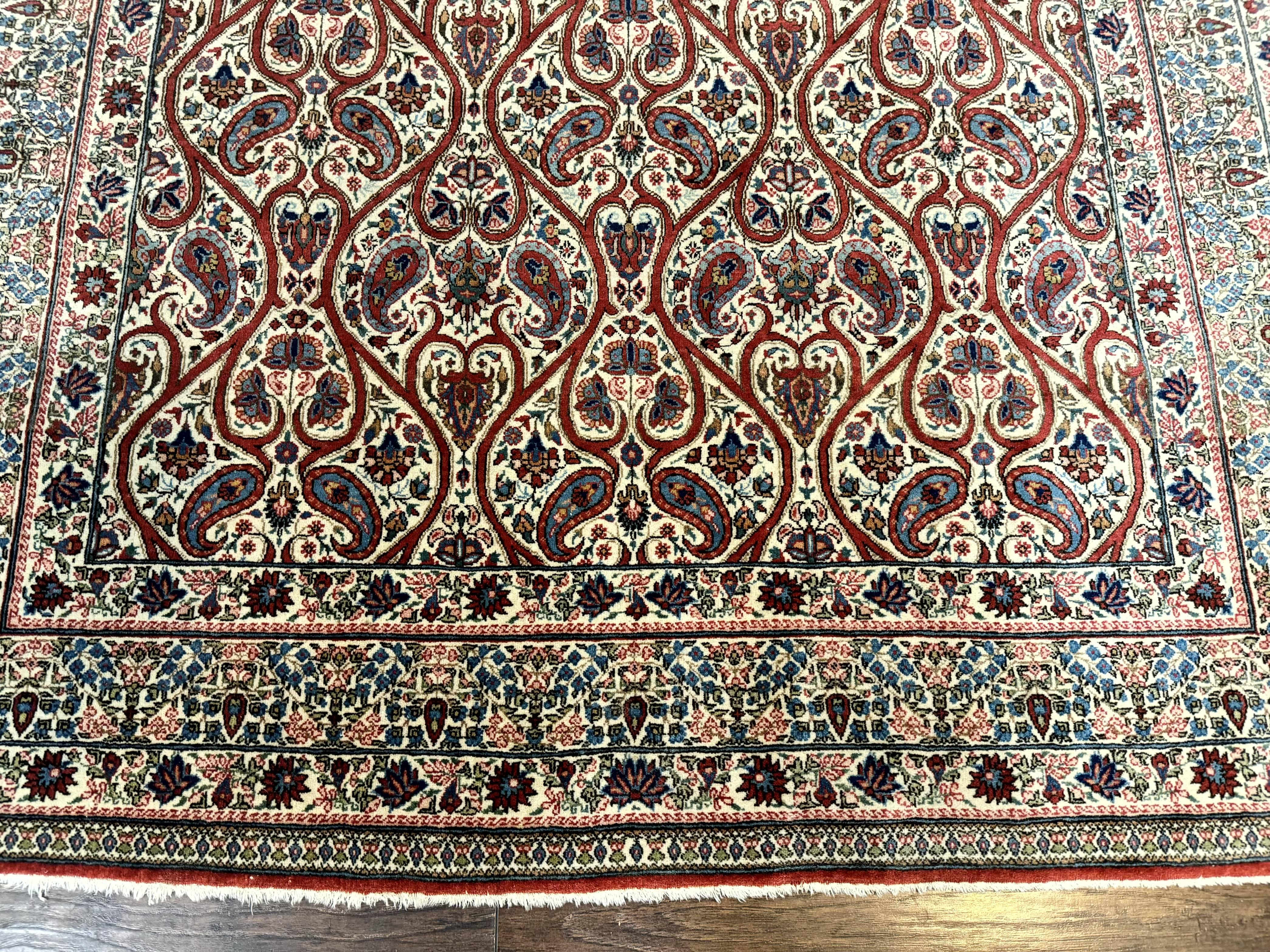 Unique Persian Qum Rug 5x7, Repeated Paisely Boteh Design, Ivory Red Blue, Handmade Antique Wool Persian Carpet, Finely Hand Knotted - Jewel Rugs