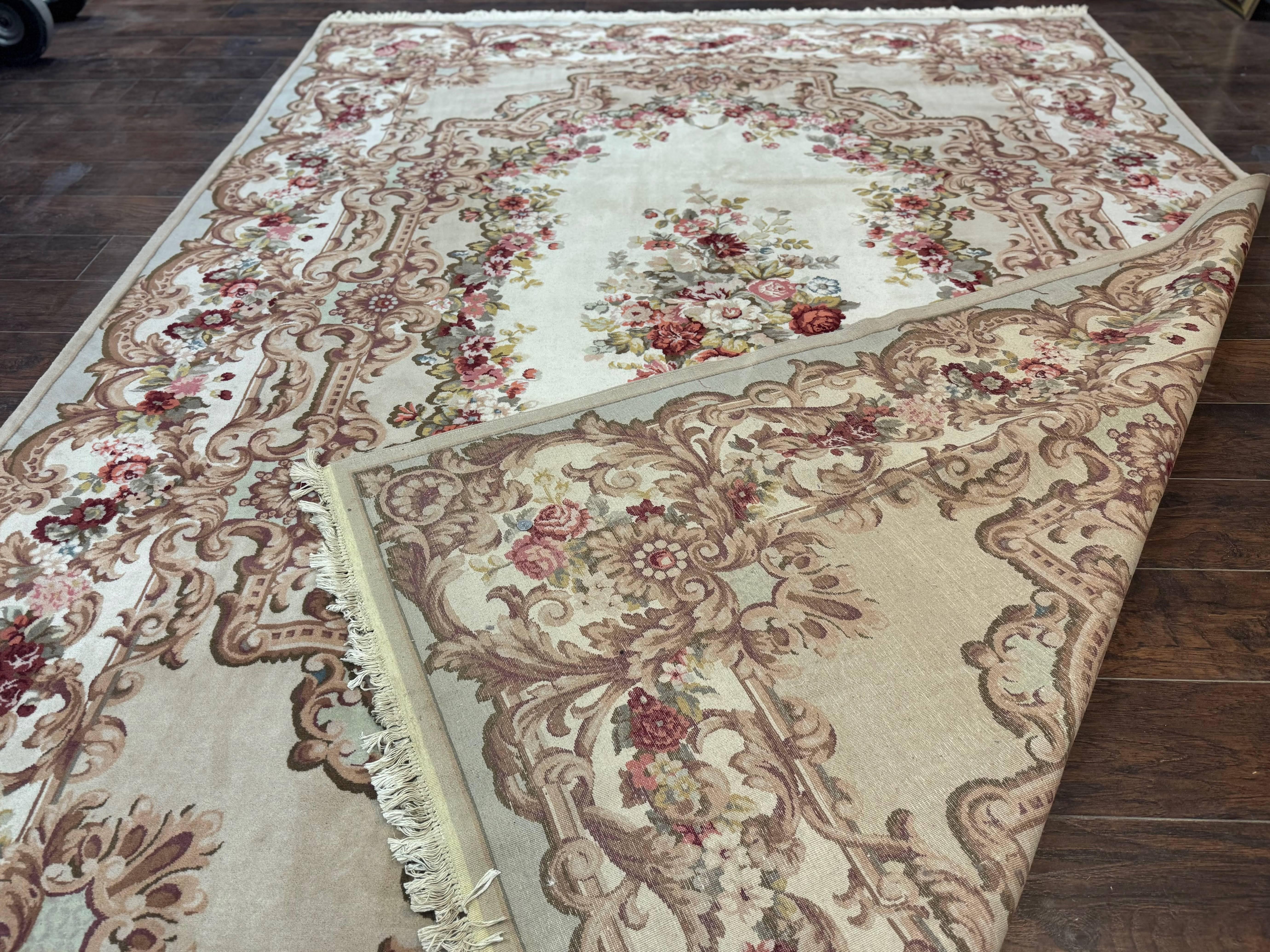 Aubusson Rug 8x12, European French Savonnerie Design, Thick Wool Pile, Elegant Rug, Cream Beige Light Green - Jewel Rugs
