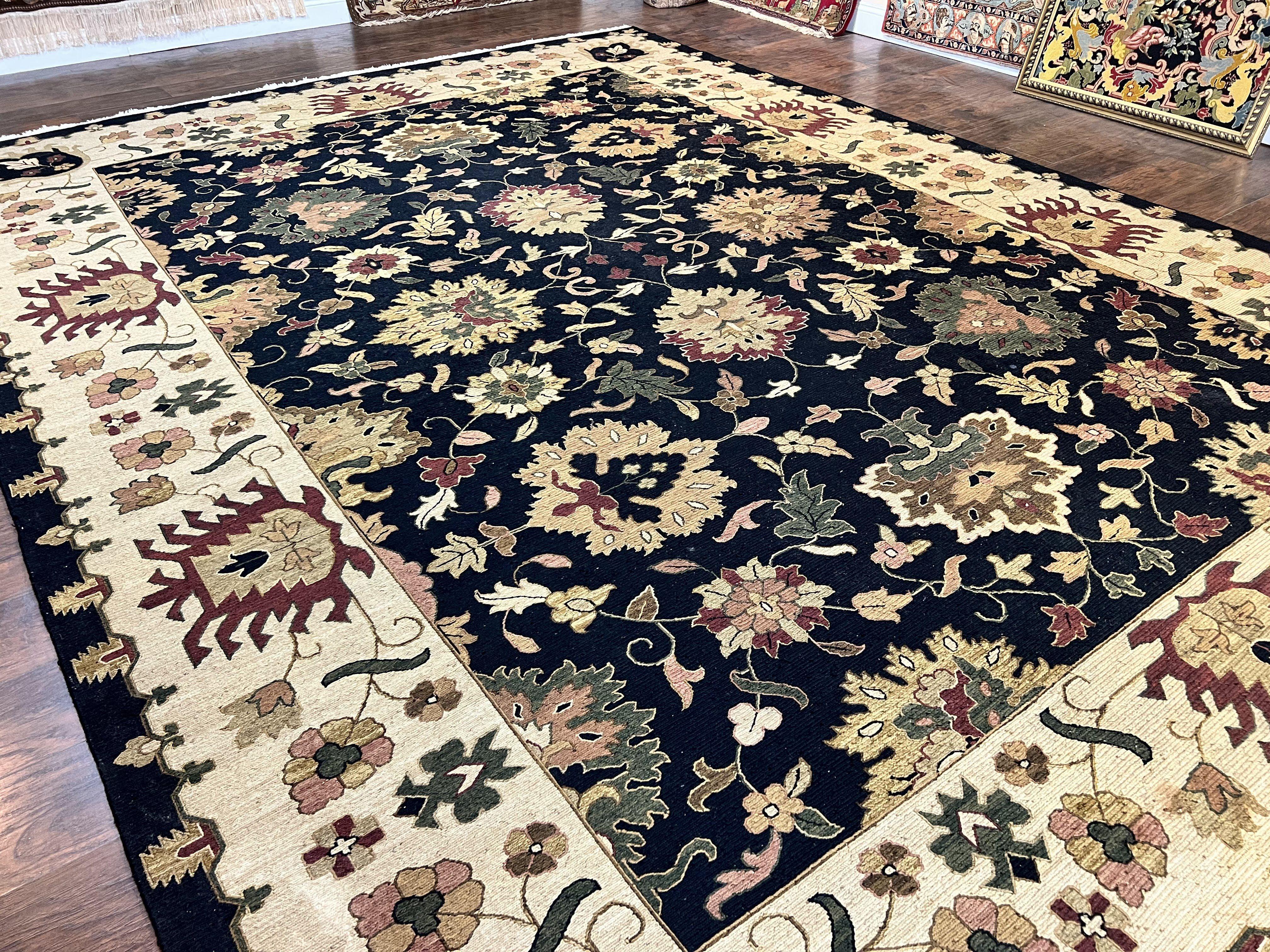 Indo Persian Rug 10x14, Wool Handmade Room Sized Floral Oriental Carpet, Indian Mahal Flatweave Rug, Black Beige - Jewel Rugs