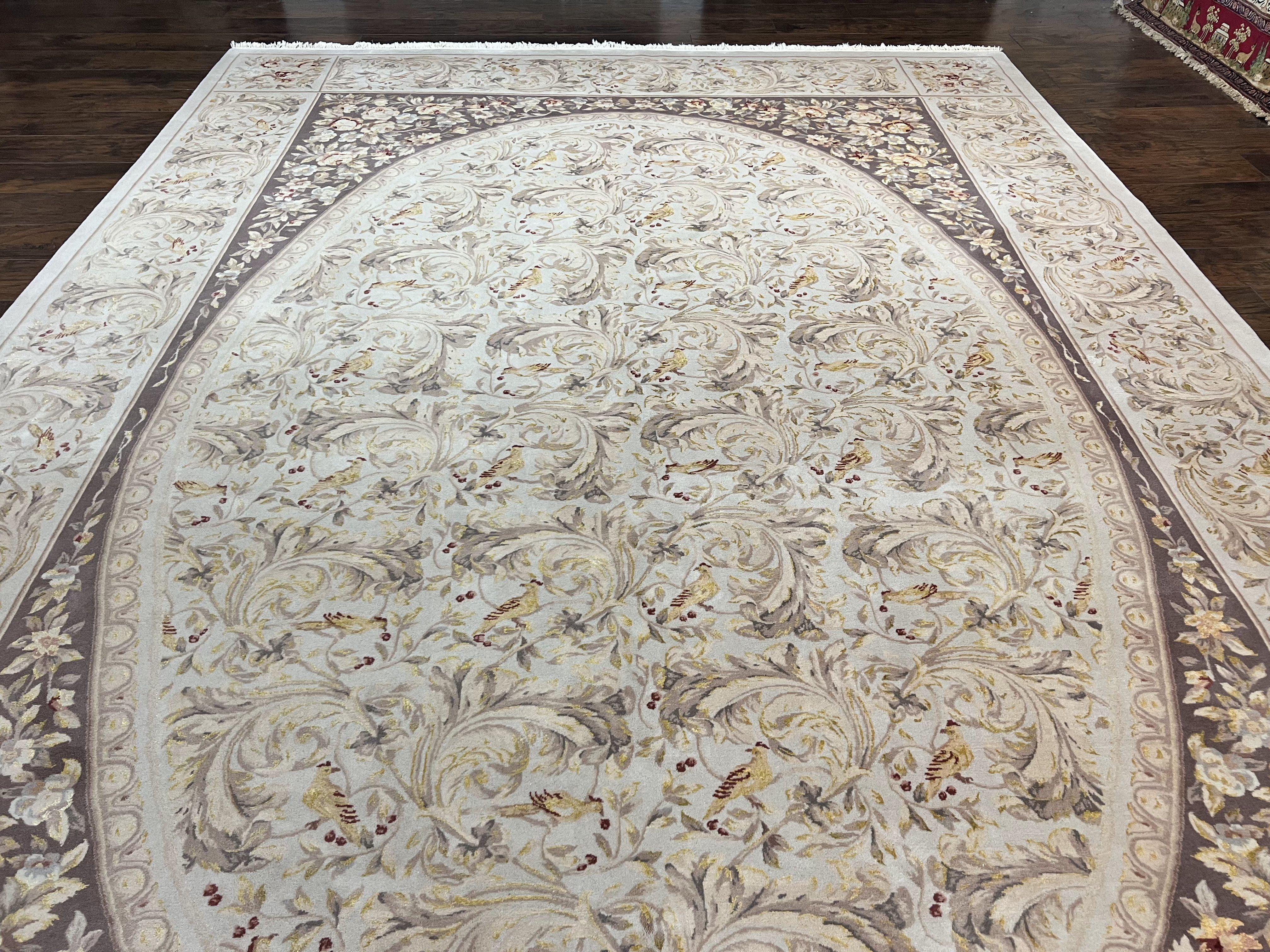 Aubusson Rug 10x14, Wool & Silk Highlights Hand Knotted Vintage Carpet, Birds Flowers, Fine Details, Elegant - Jewel Rugs