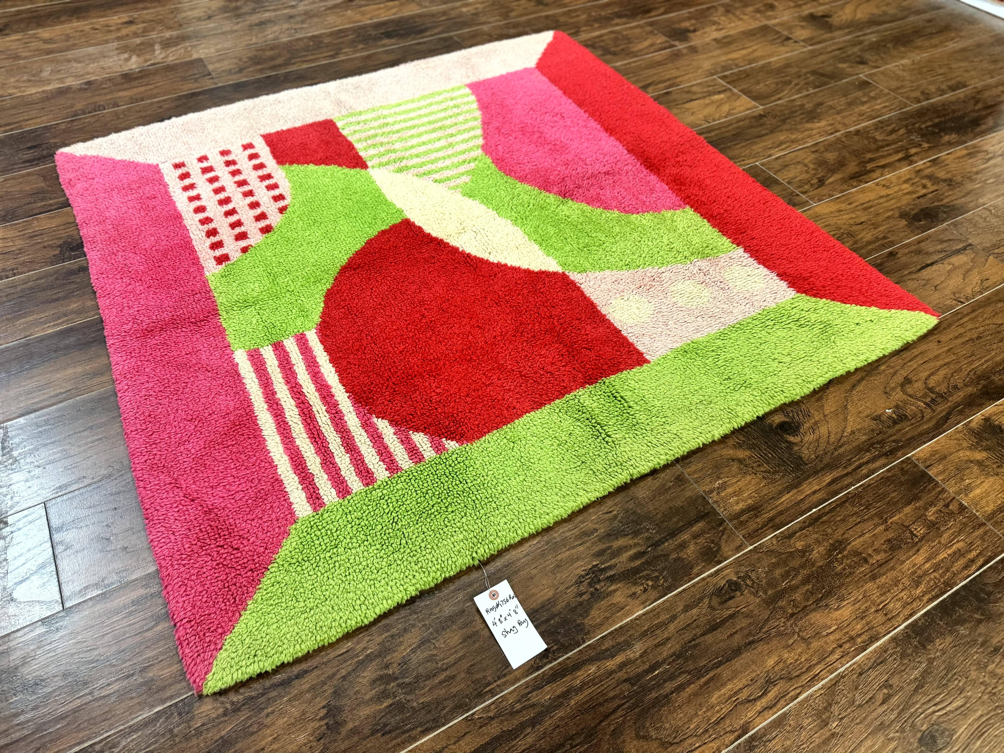 European Shag Rug 4.8 x 4.8, Modern Abstract Design, Green Pink Red, Square Shag Rug, Unique - Jewel Rugs