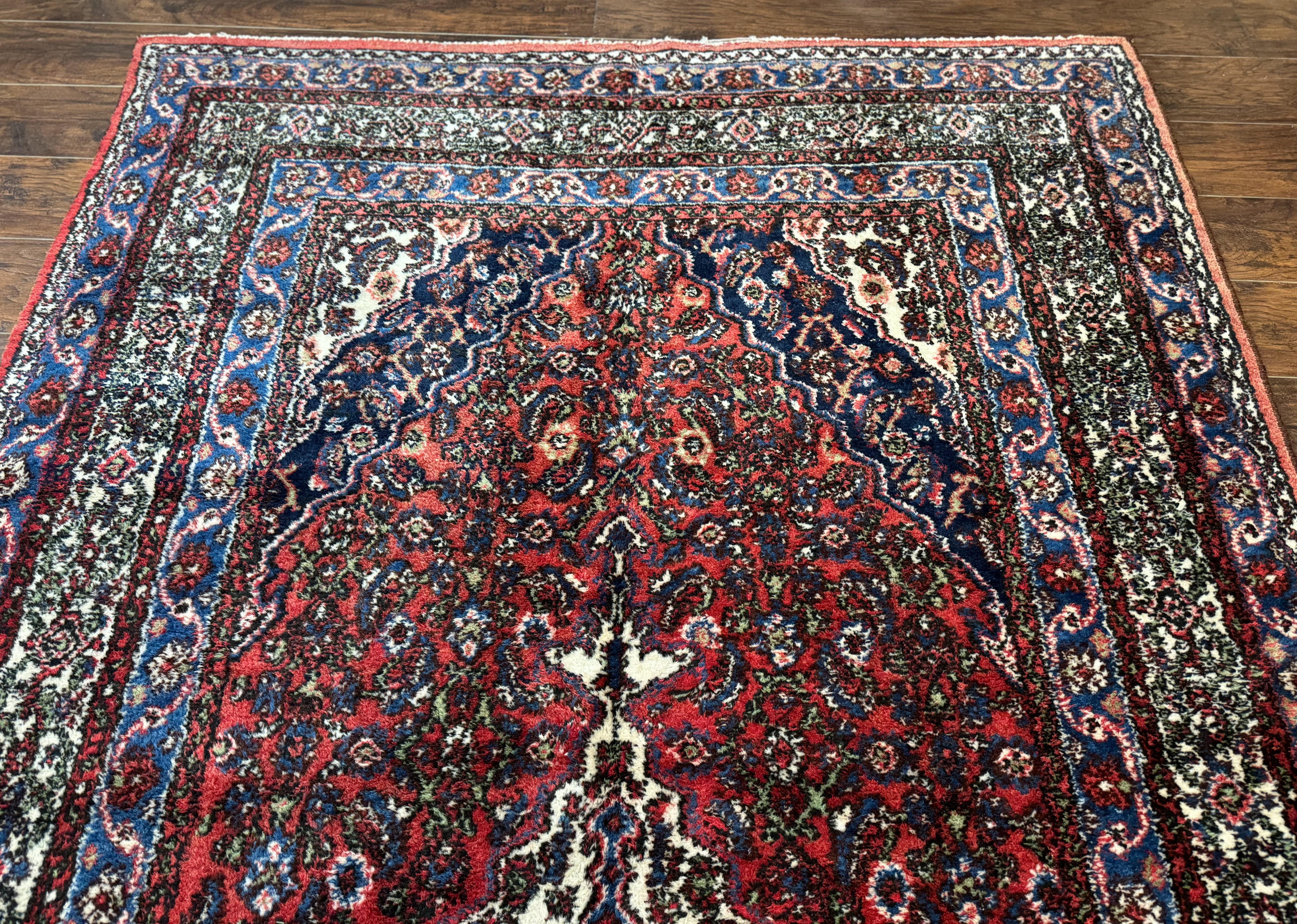 Persian Tribal Rug 6x11, Red Blue Ivory, Antique Persian Carpet, Hamadan Dargazin Carpet - Jewel Rugs