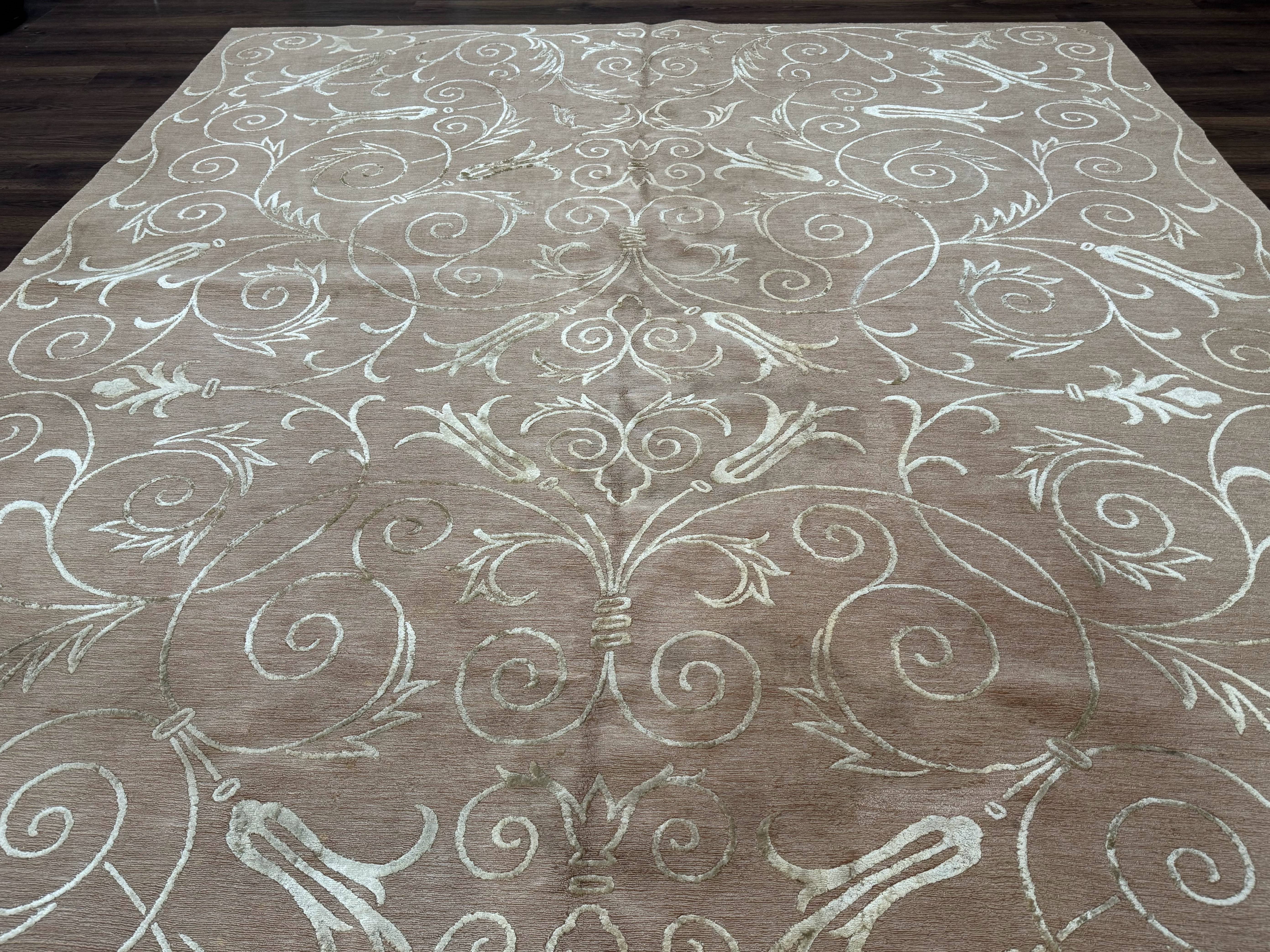 Tibetan Rug 9x12 Wool and Silk Beige Modern Handmade Carpet - Jewel Rugs