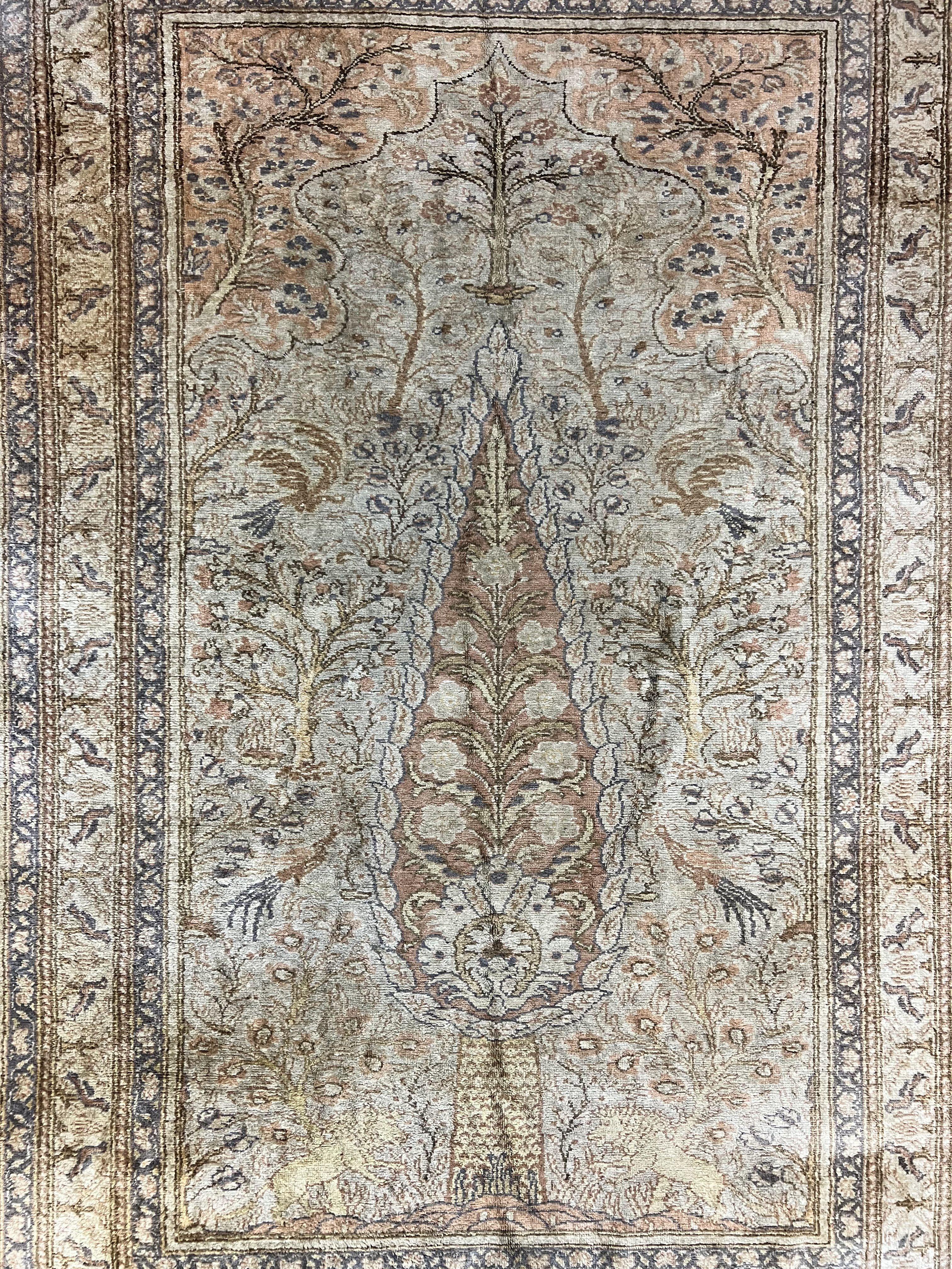 Turkish Kayseri Silk Rug 4x6, Tree of Life Pattern, Vintage Handmade Hand Knotted Carpet, Animal Pictorials, Birds - Jewel Rugs