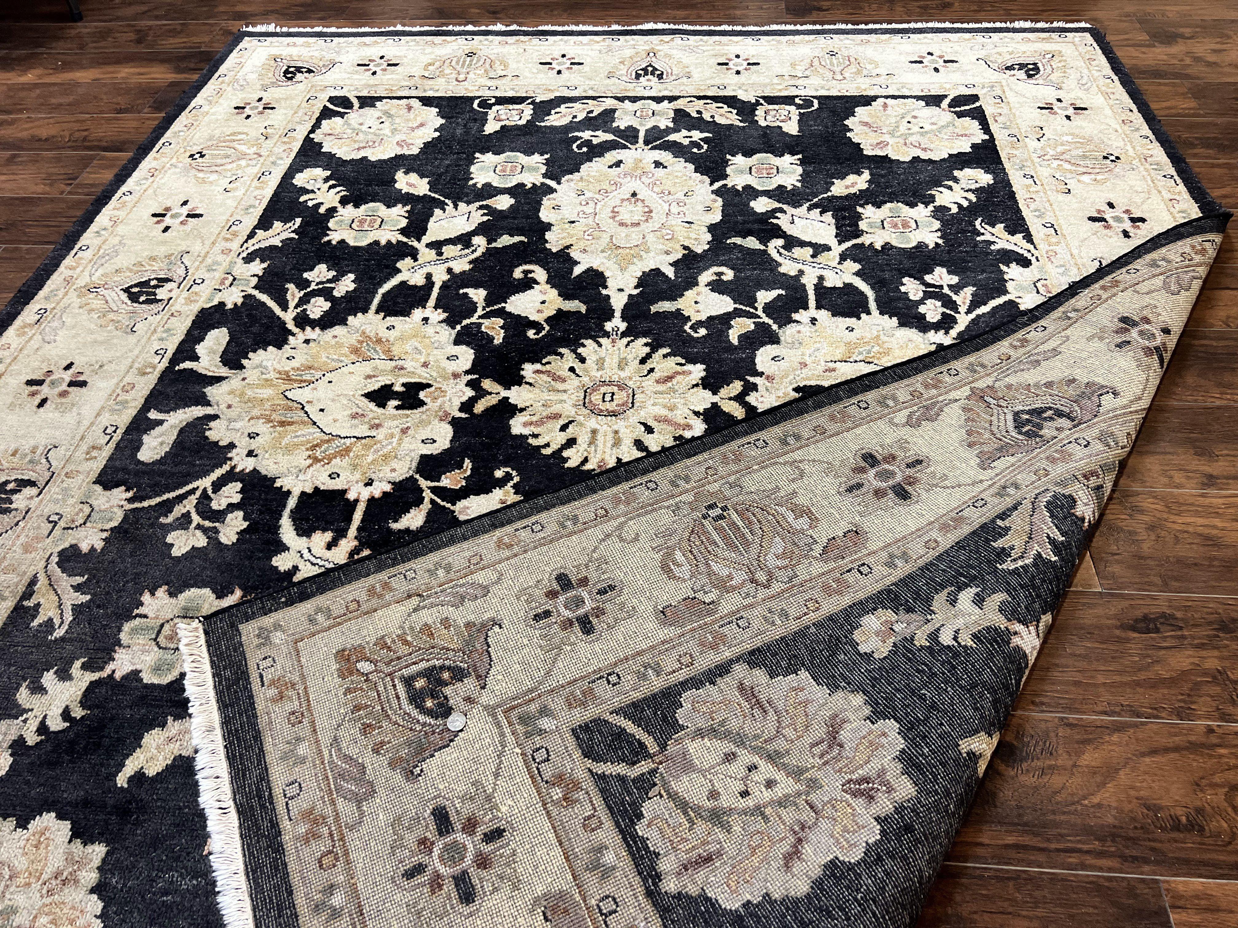 Indo Mahal Rug 8x10, Black and Beige, Vintage Rug 8 x 10 ft, Floral, Handmade Wool Carpet - Jewel Rugs