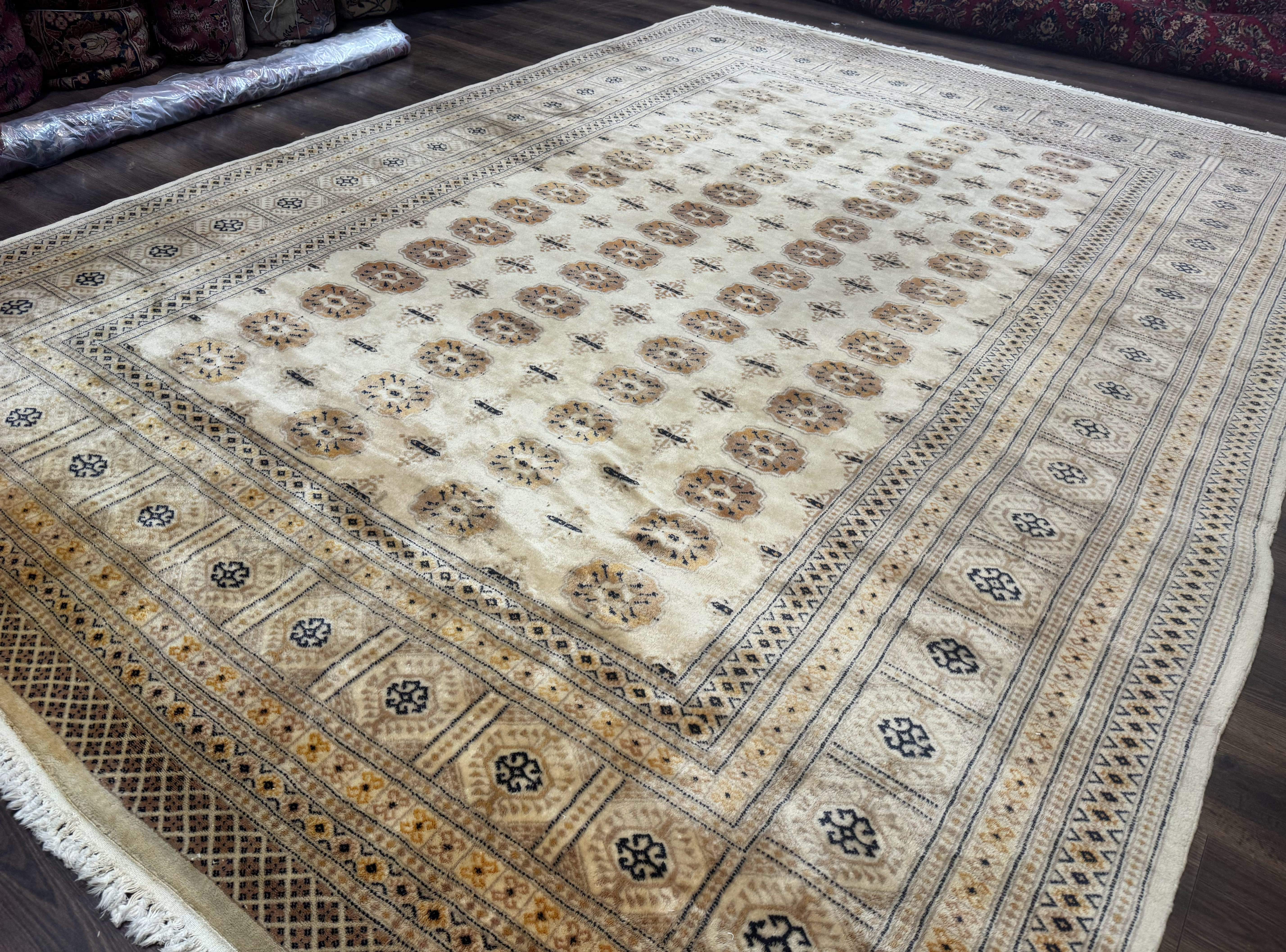 Pakistani Turkoman Bokhara Rug 8x12, Beige Vintage Tribal Wool Carpet - Jewel Rugs