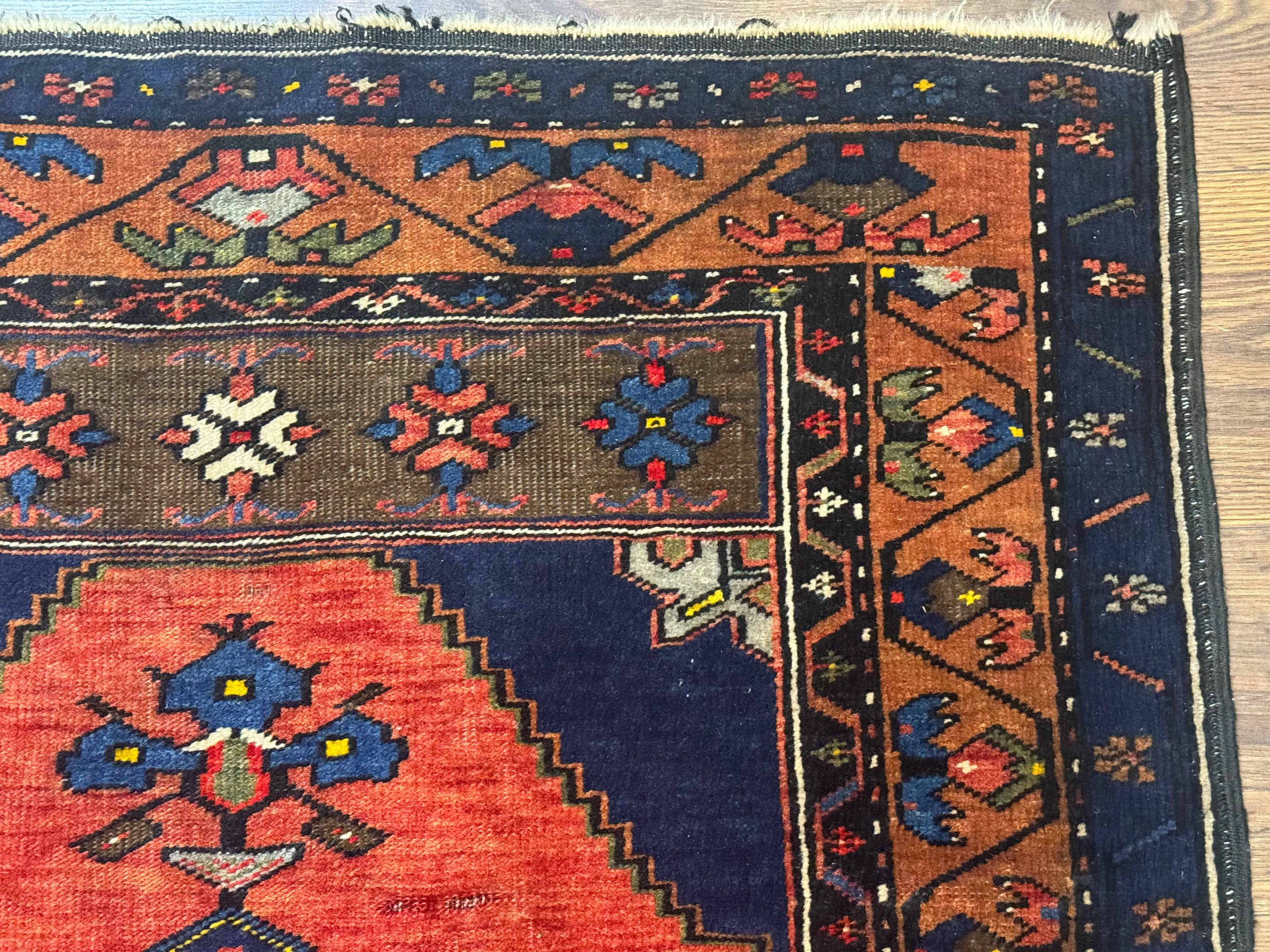 Persian Rug 3x6, Geometric Medallion, Village Tribal Rug, Terracotta and Navy Blue, Antique Nahavand Hamadan Rug - Jewel Rugs