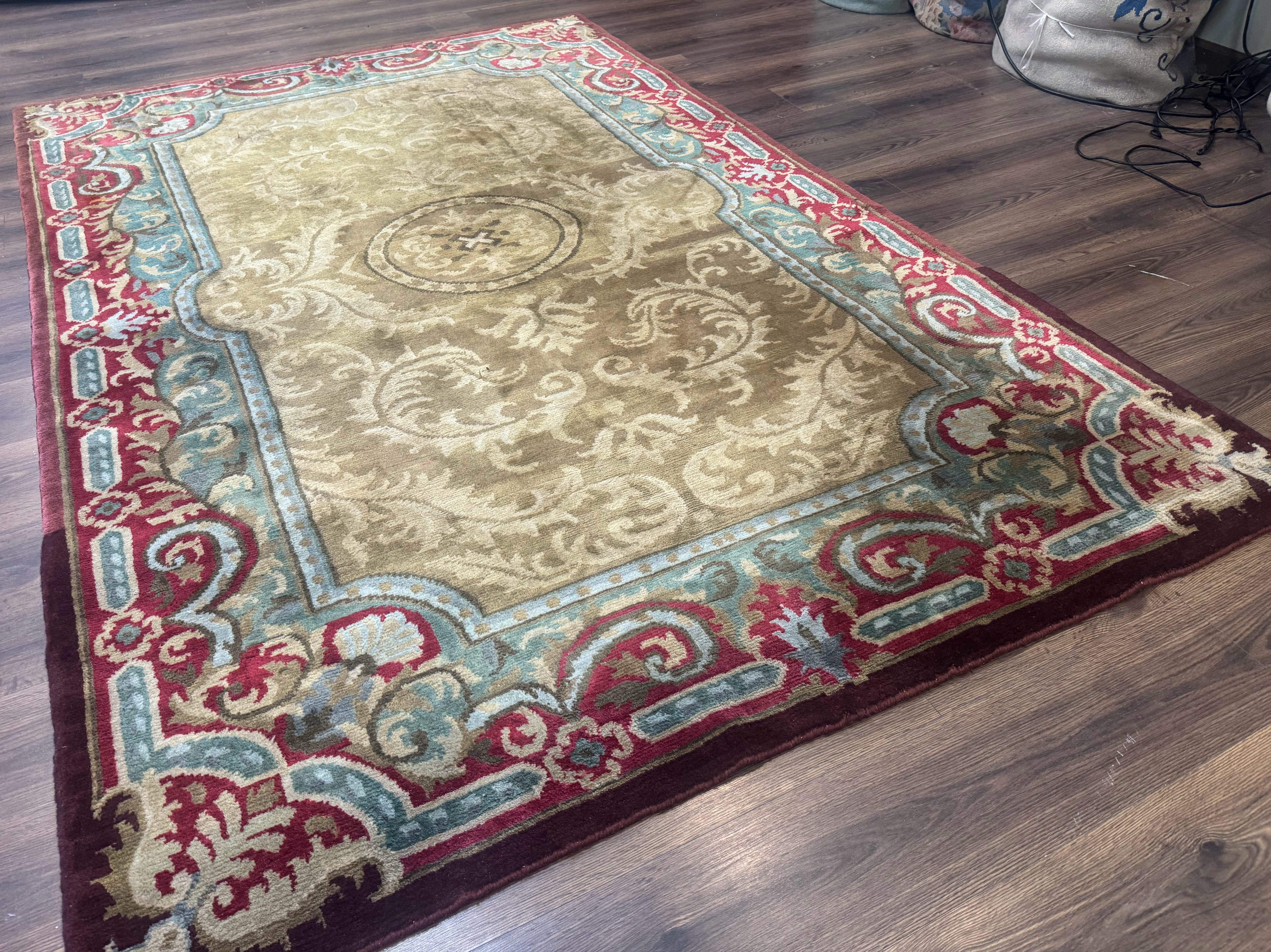 Tibetan Aubusson Rug 6x9, Gold-Beige, Soft Wool Pile, Handmade - Jewel Rugs