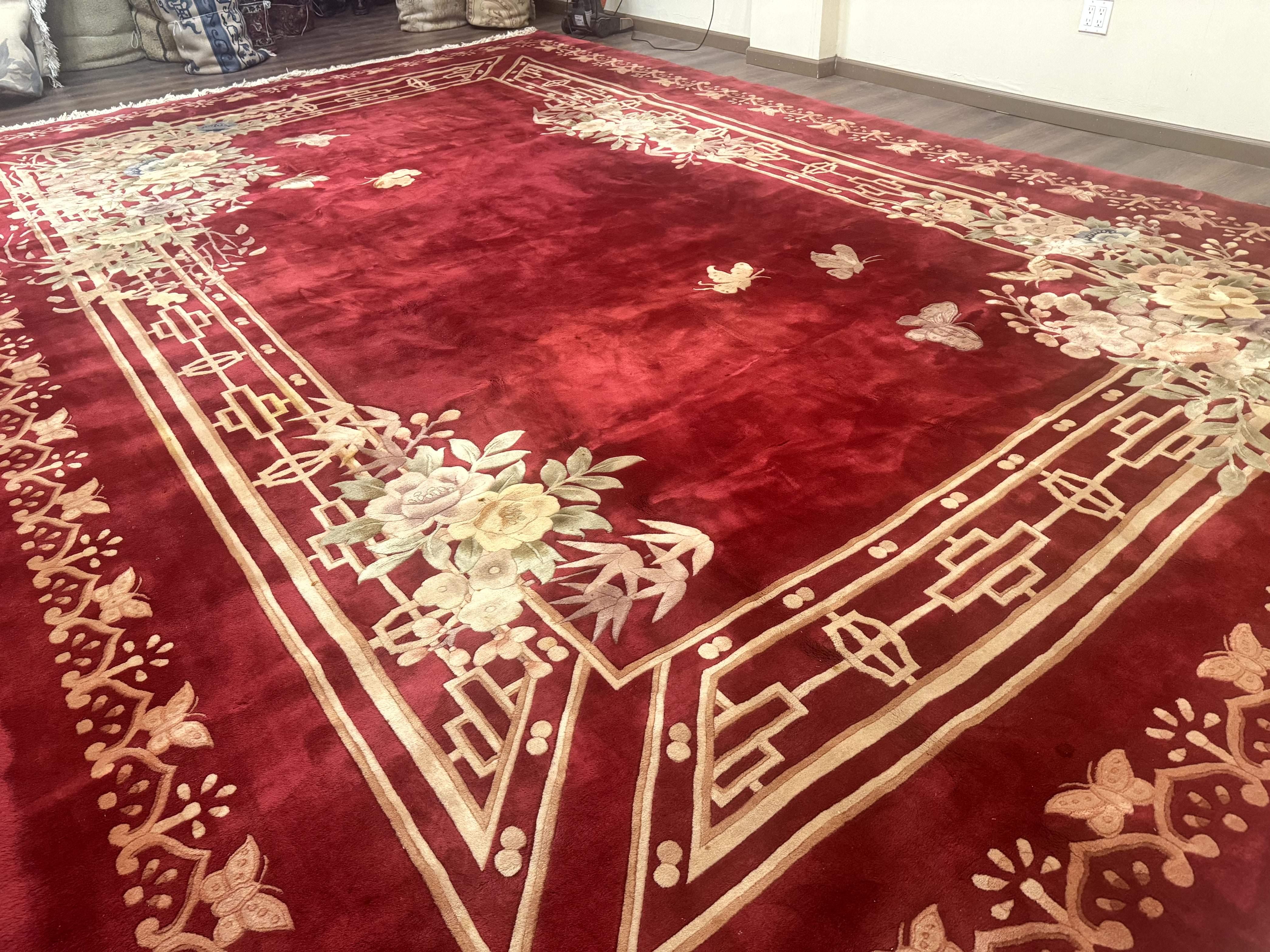 Palace Size Chinese Wool Rug 12x18, Red Art Deco Chinese Carving Carpet, Butterflies Flowers - Jewel Rugs