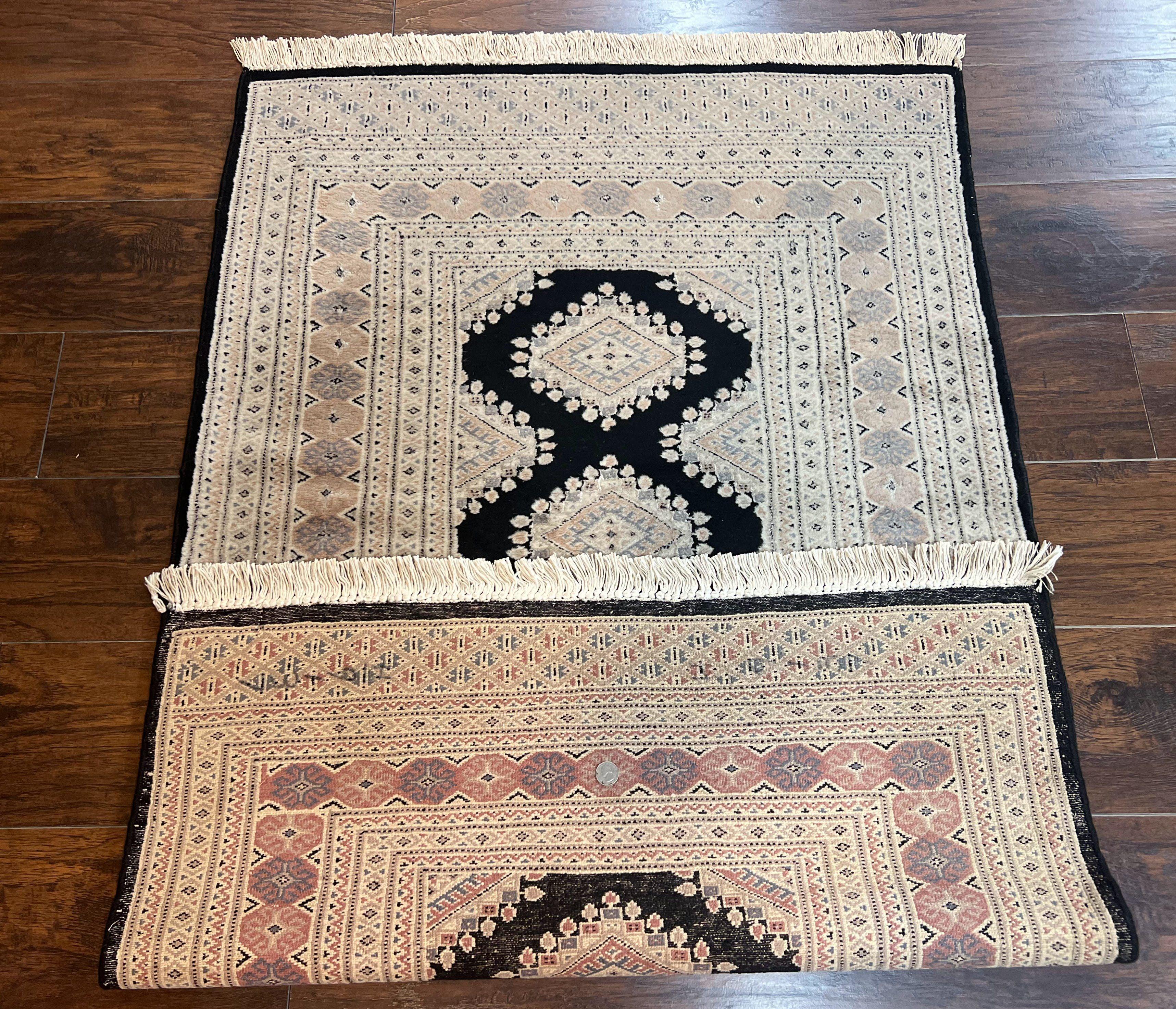 Pakistani Bokhara Rug 3x5, Vintage Turkoman Carpet, Black Gray, Handmade Wool Rug, Tribal - Jewel Rugs
