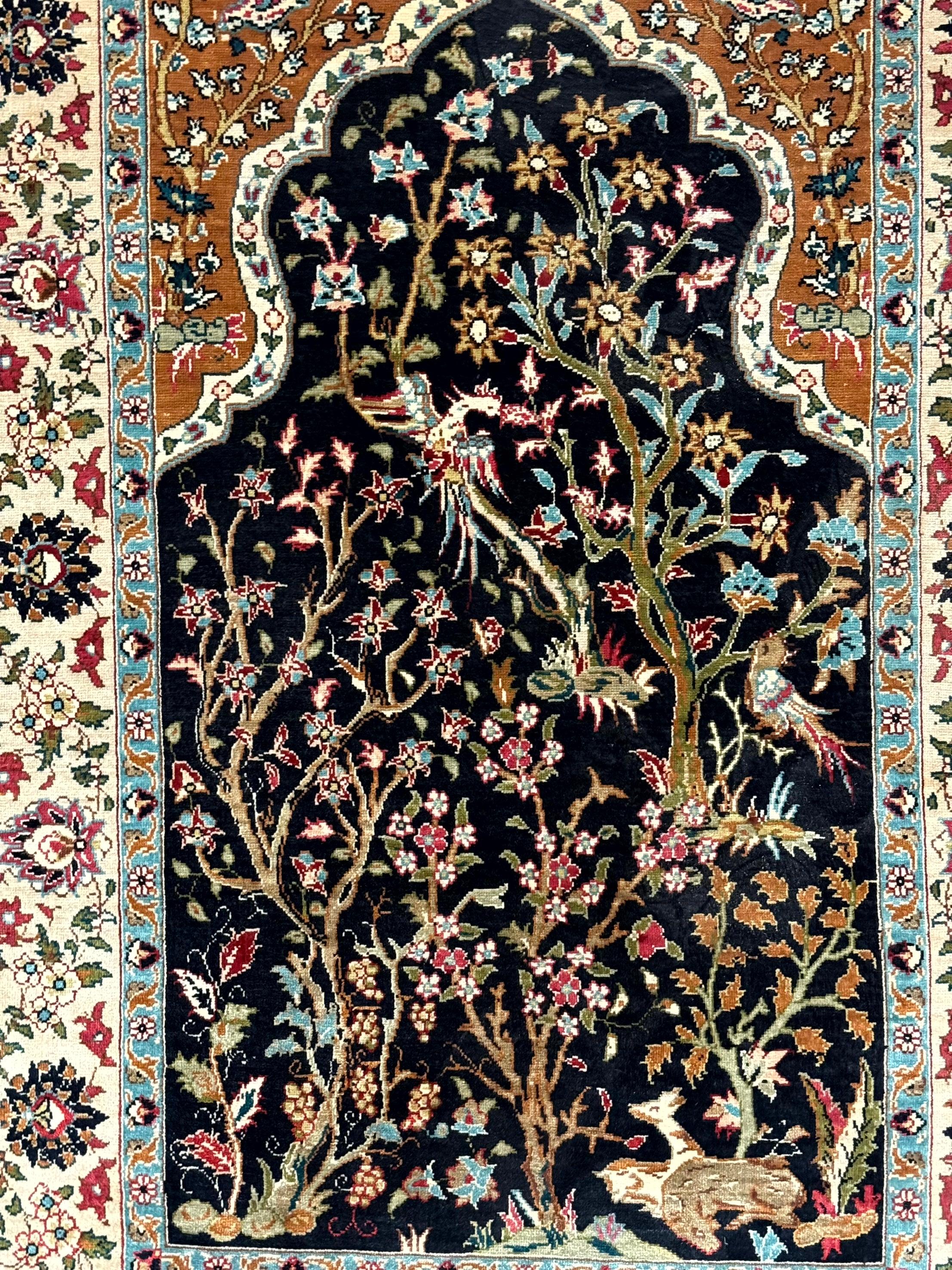 Small Silk Turkish Hereke Rug 2x3, Tree of Life Design, Bird and Animal Pictorials, Very Fine 480 KPSI, Silk on Silk, Signed By Masterweaver - Jewel Rugs