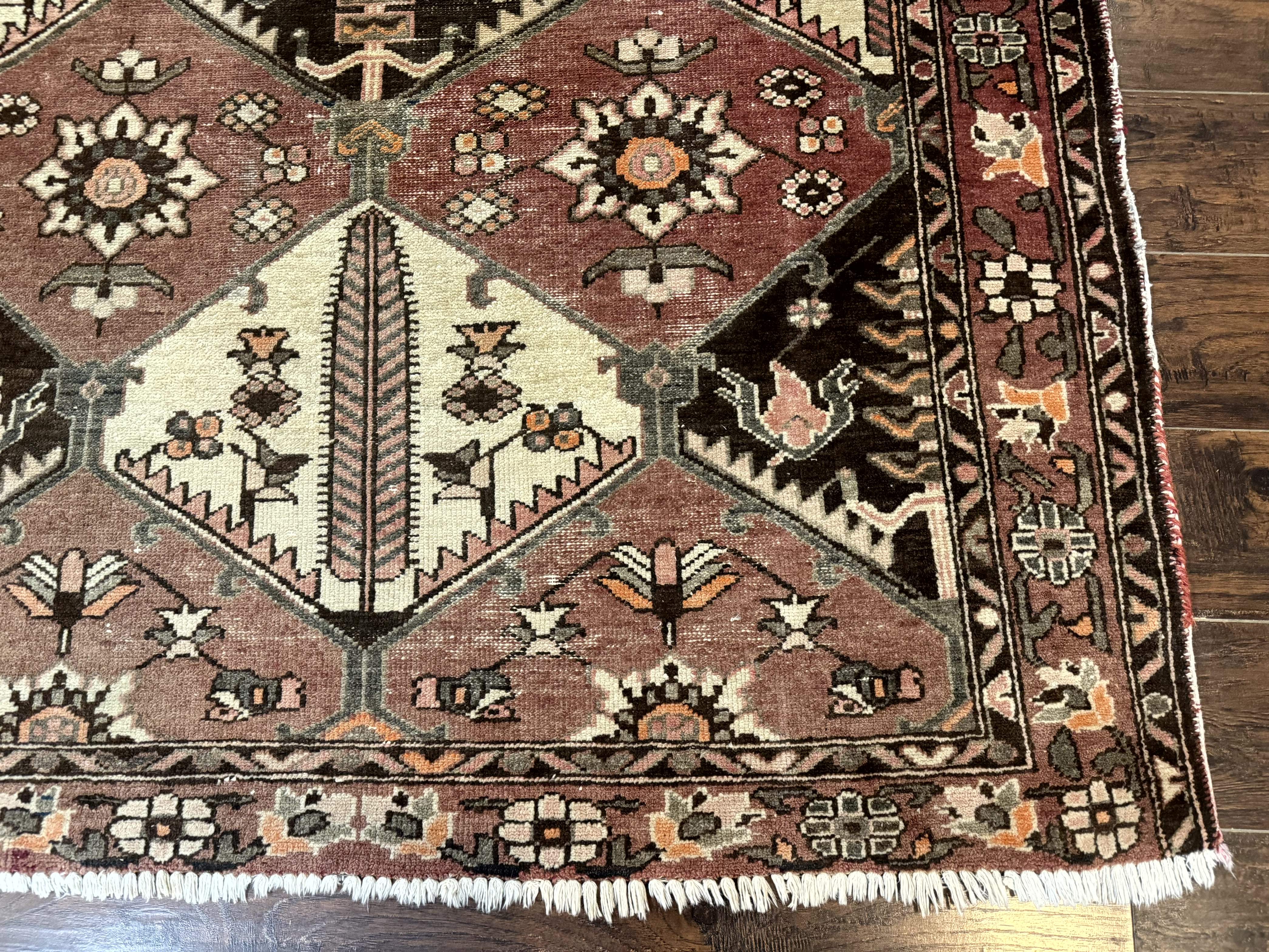 Persian Bakhtiari Rug 5x7 – Muted Rose and Cream, Wool Tribal Carpet, Geometric Panel Design - Jewel Rugs