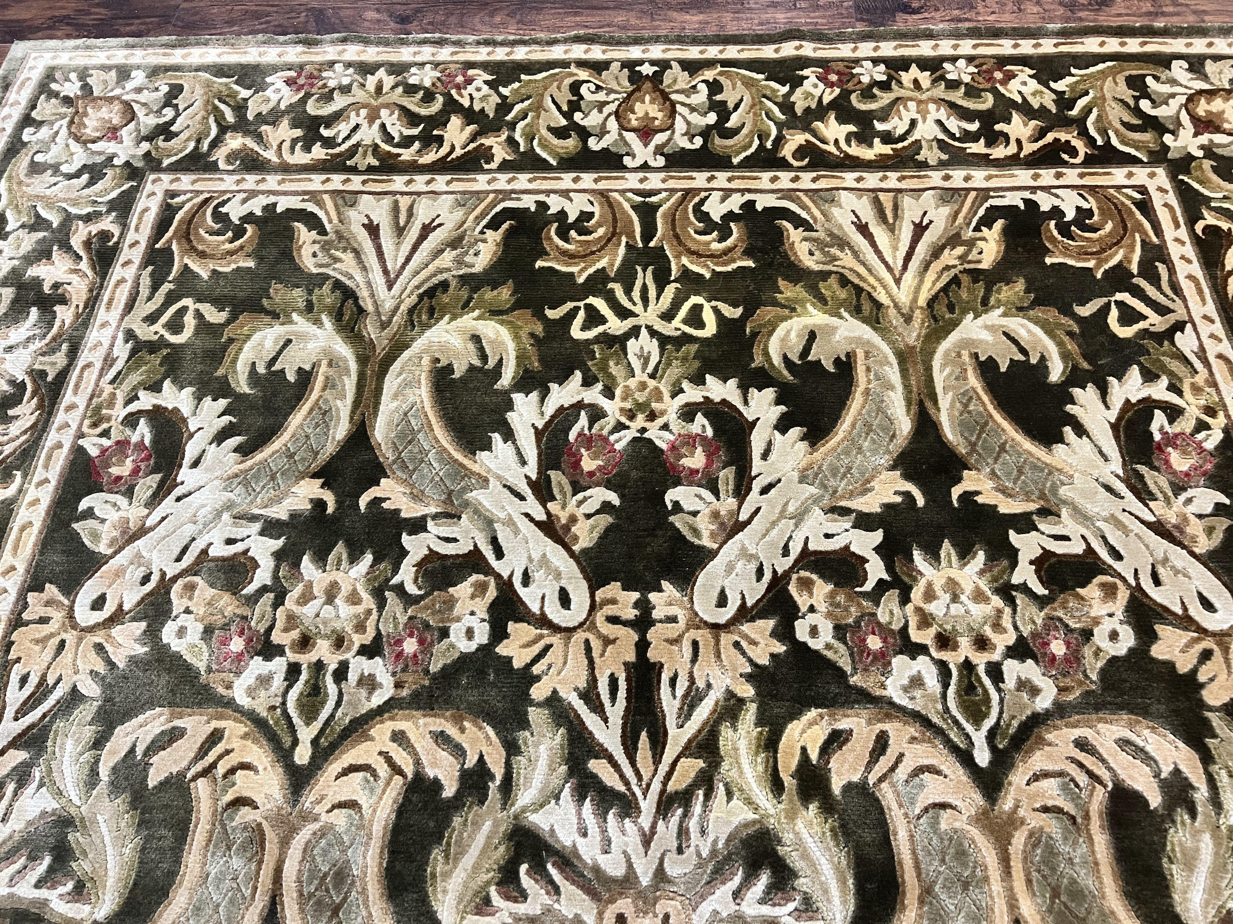 Tibetan Rug 8x10, European Design, Floral, Green, Handmade, Wool, Nepali Rug - Jewel Rugs