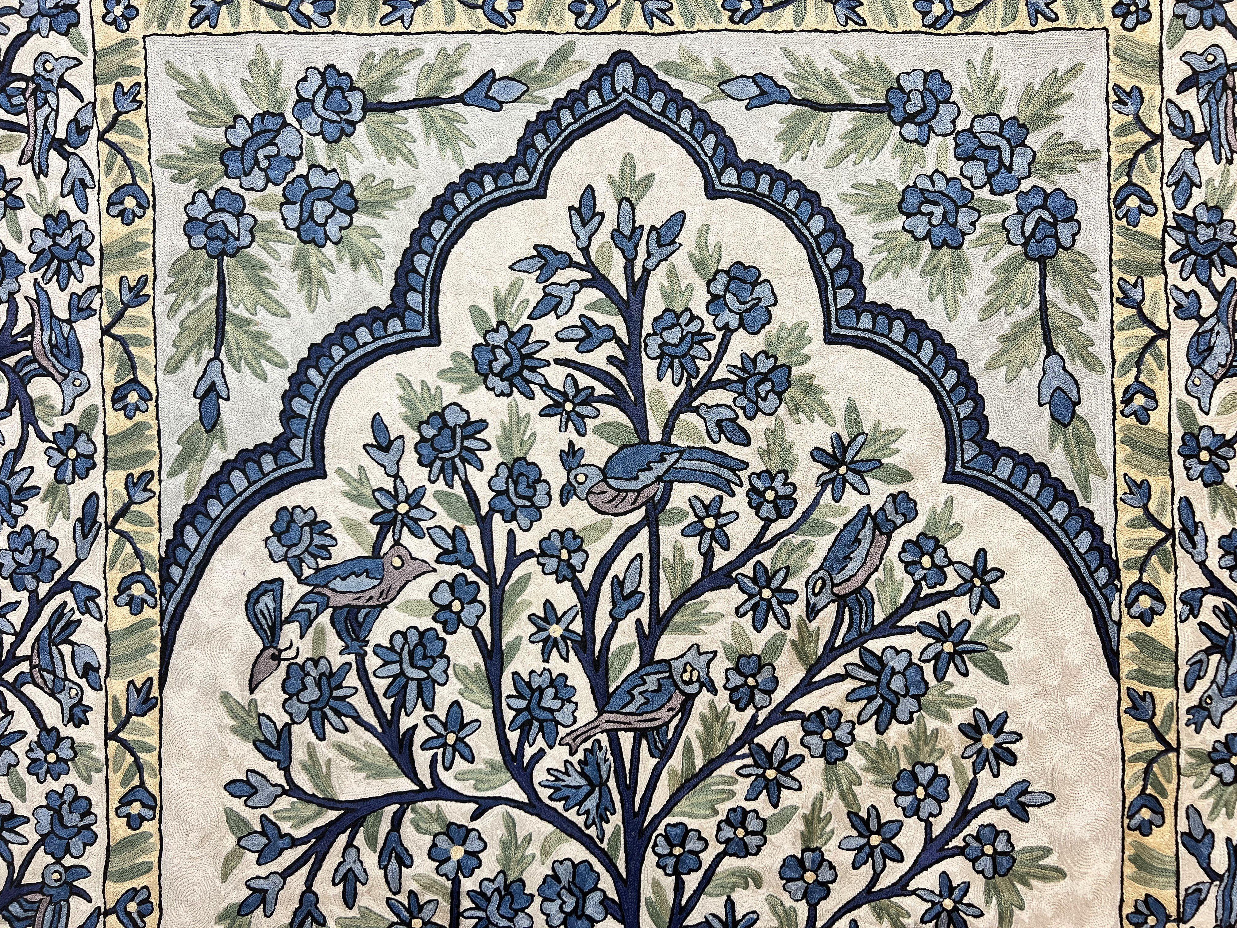 Tree of Life Indian Hand Stitched Rug 4x6, Indian Wall Hanging Rug, Ivory Blue, Silk on Cotton, Vintage - Jewel Rugs
