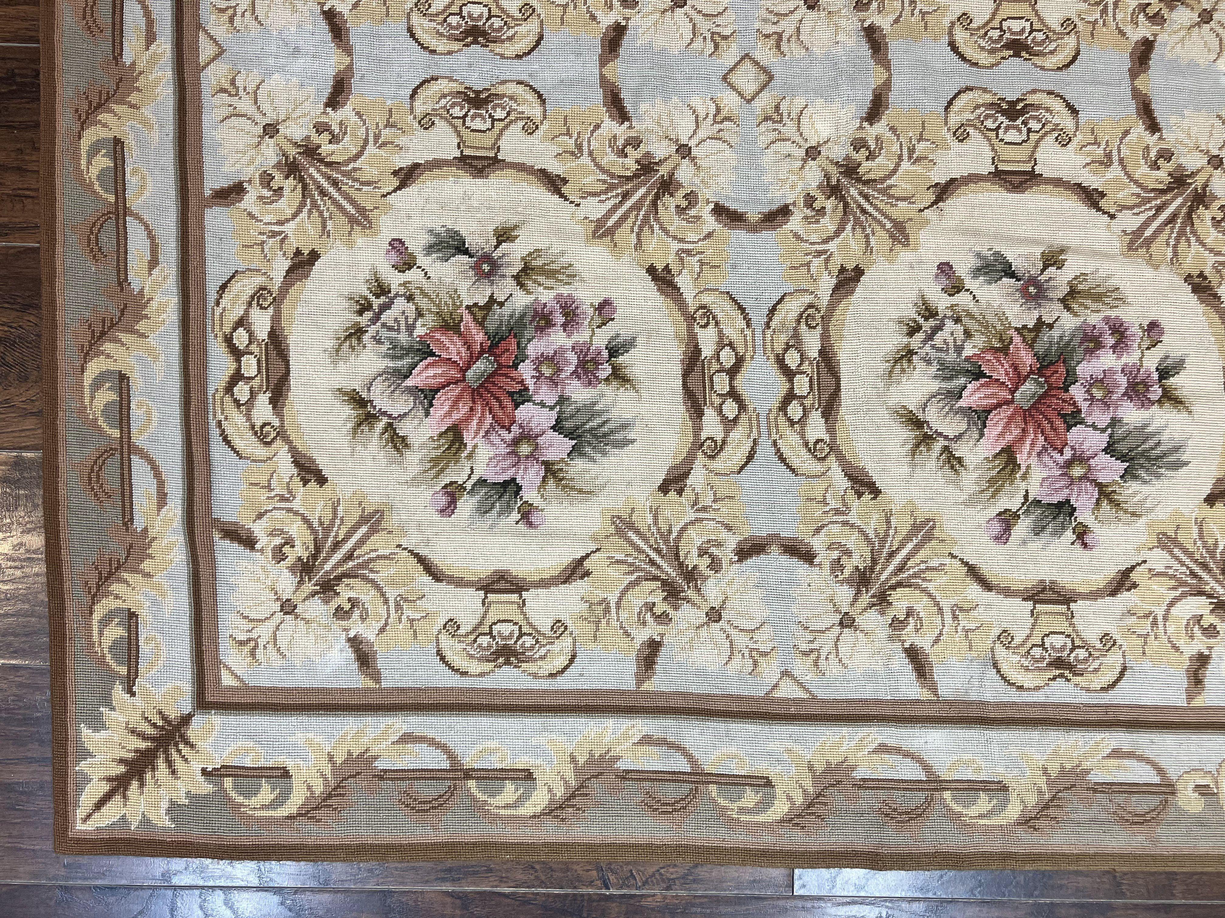 Chinese Needlepoint Rug 8x11, Handmade Wool Needlepoint Carpet, Vintage, Sky Blue - Jewel Rugs