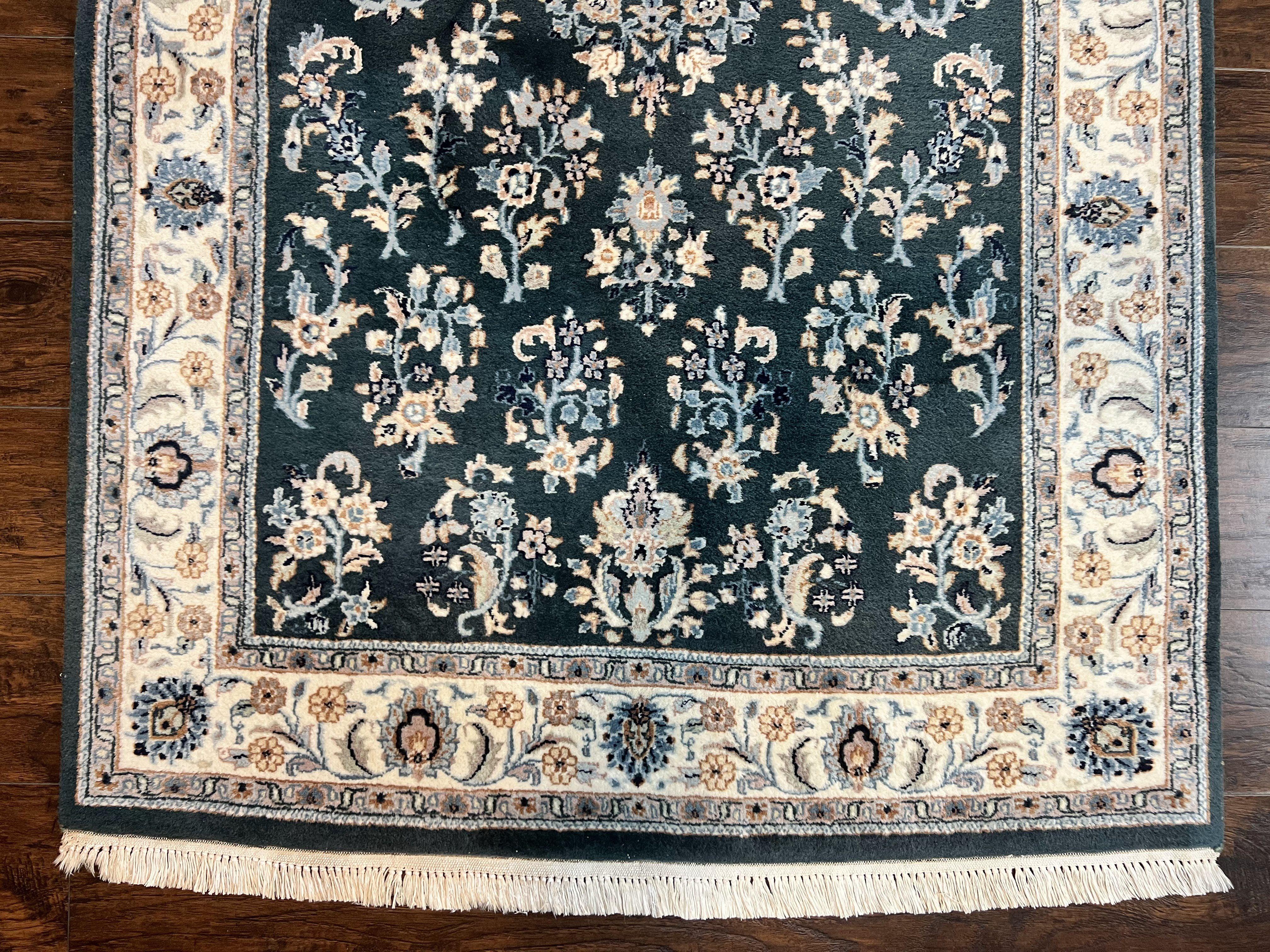 Green Indo Persian Rug 4x6, Floral Allover, Handmade Vintage Oriental Carpet, Sarouk Rug, Wool - Jewel Rugs