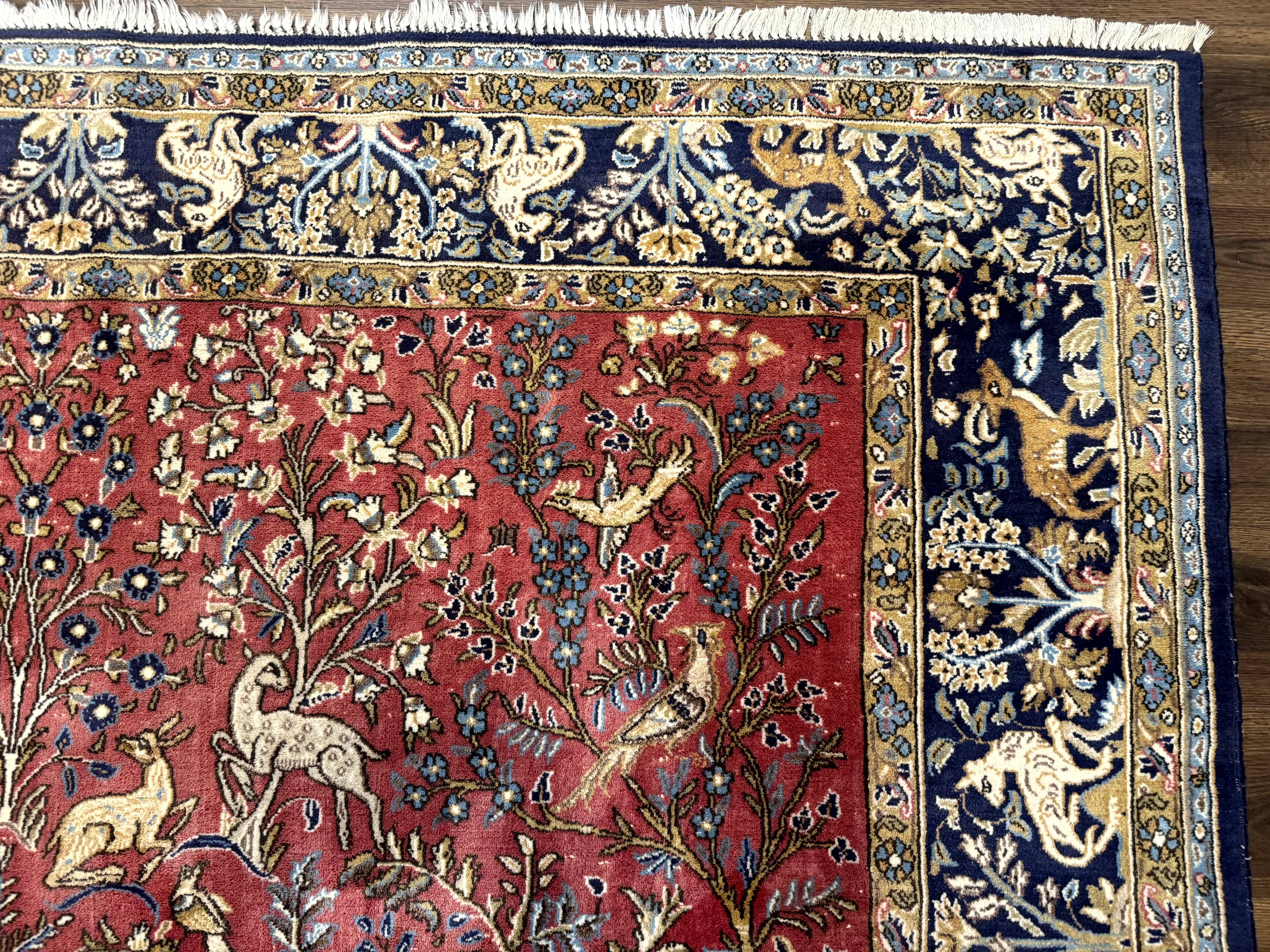 Persian Qum Rug 9x12, Animal Pictorials, Deer Birds, Tree of Life, Red and Navy Blue - Jewel Rugs