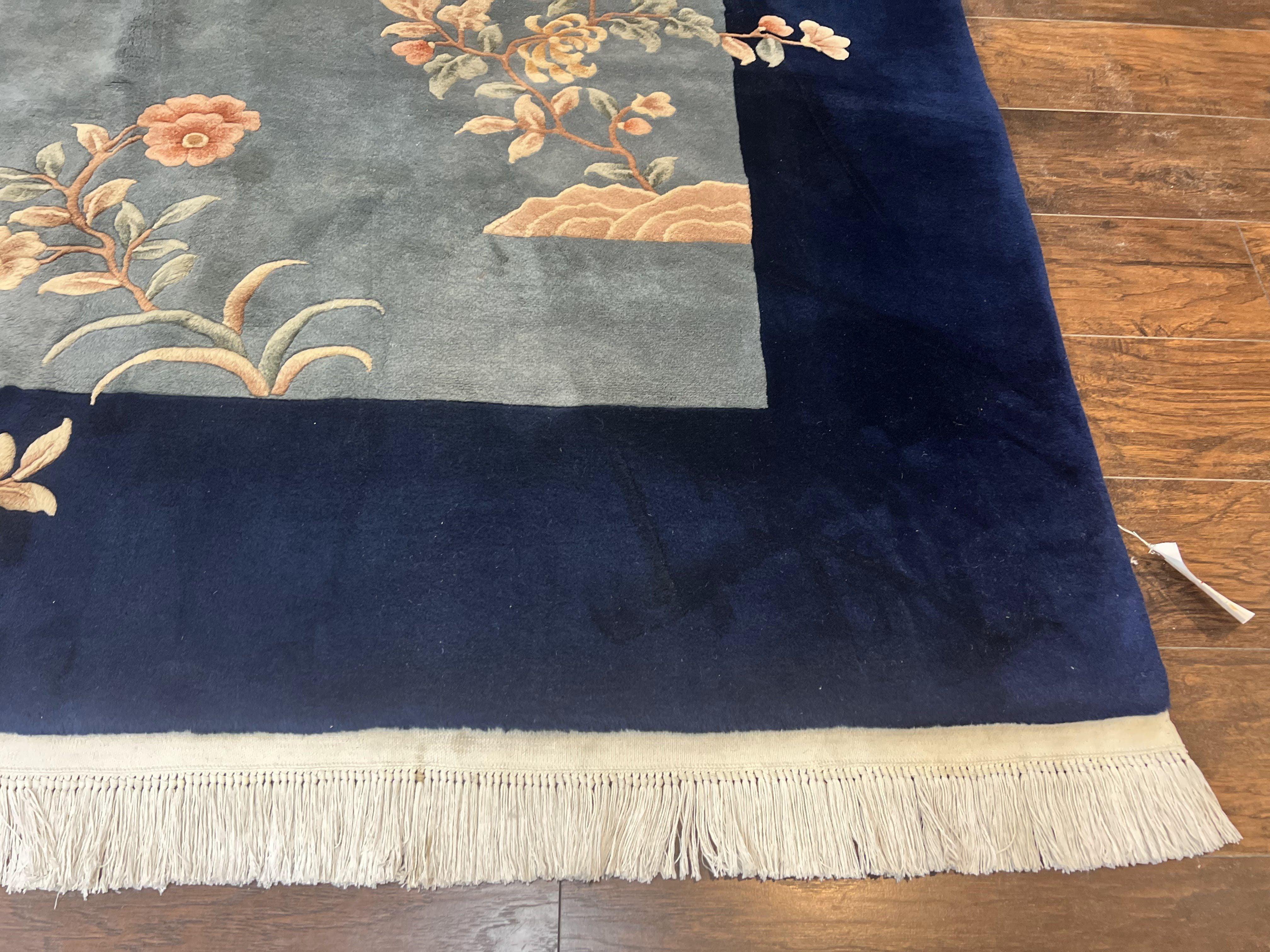 Chinese Wool Rug 9x11, Art Deco Carpet 9 x 11, Wool Handmade Vintage Carving Rug, Navy Blue & Gray, Simple Design, Signed by Masterweaver - Jewel Rugs