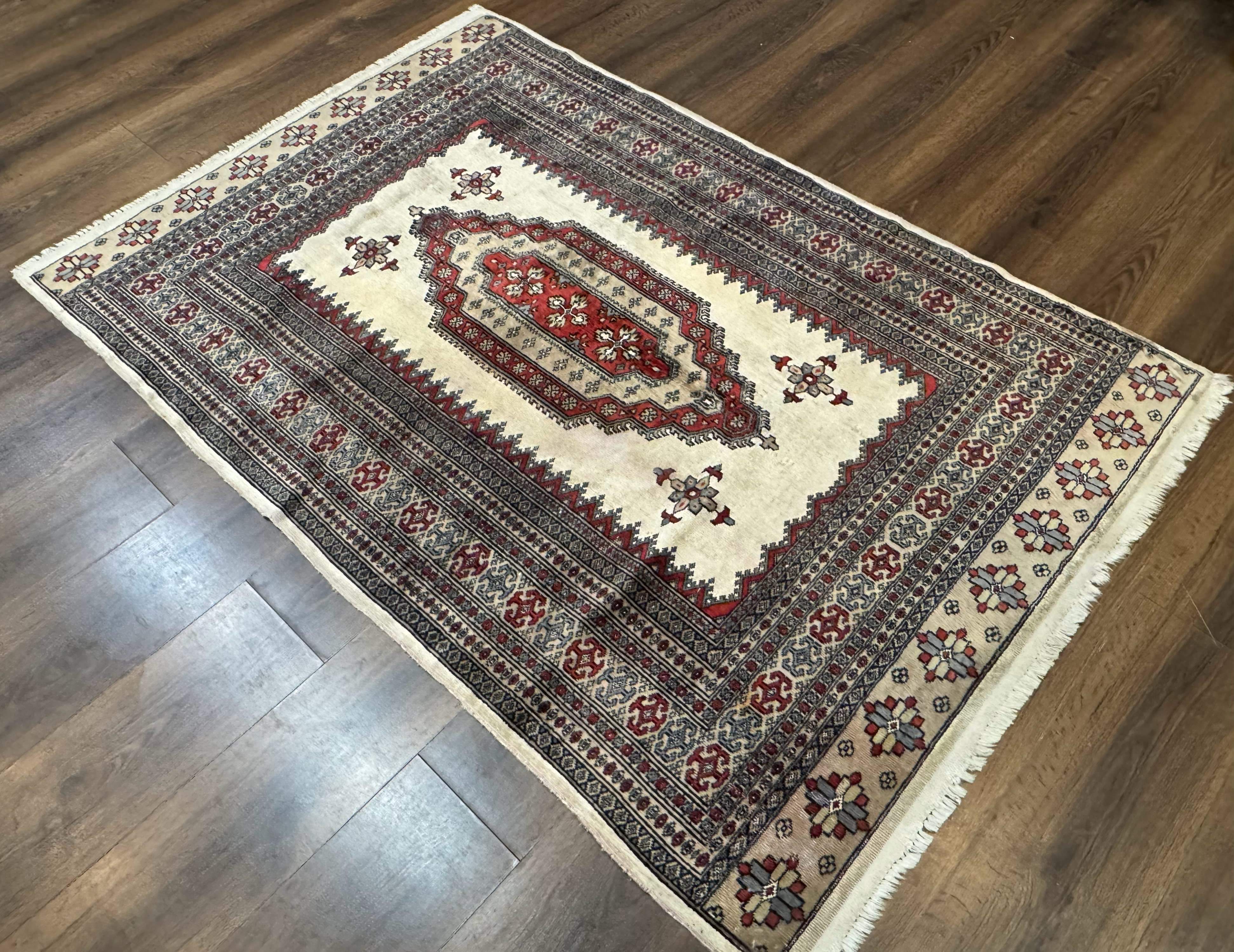 Pakistani Turkoman Rug 4x6, Semi Open Field, Ivory, Vintage - Jewel Rugs