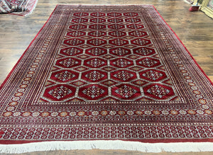Pakistani Turkoman Bokhara Rug 7x10, Red, Handmade Vintage Wool Carpet, Signed by Masterweaver, 340 KPSI Very Fine