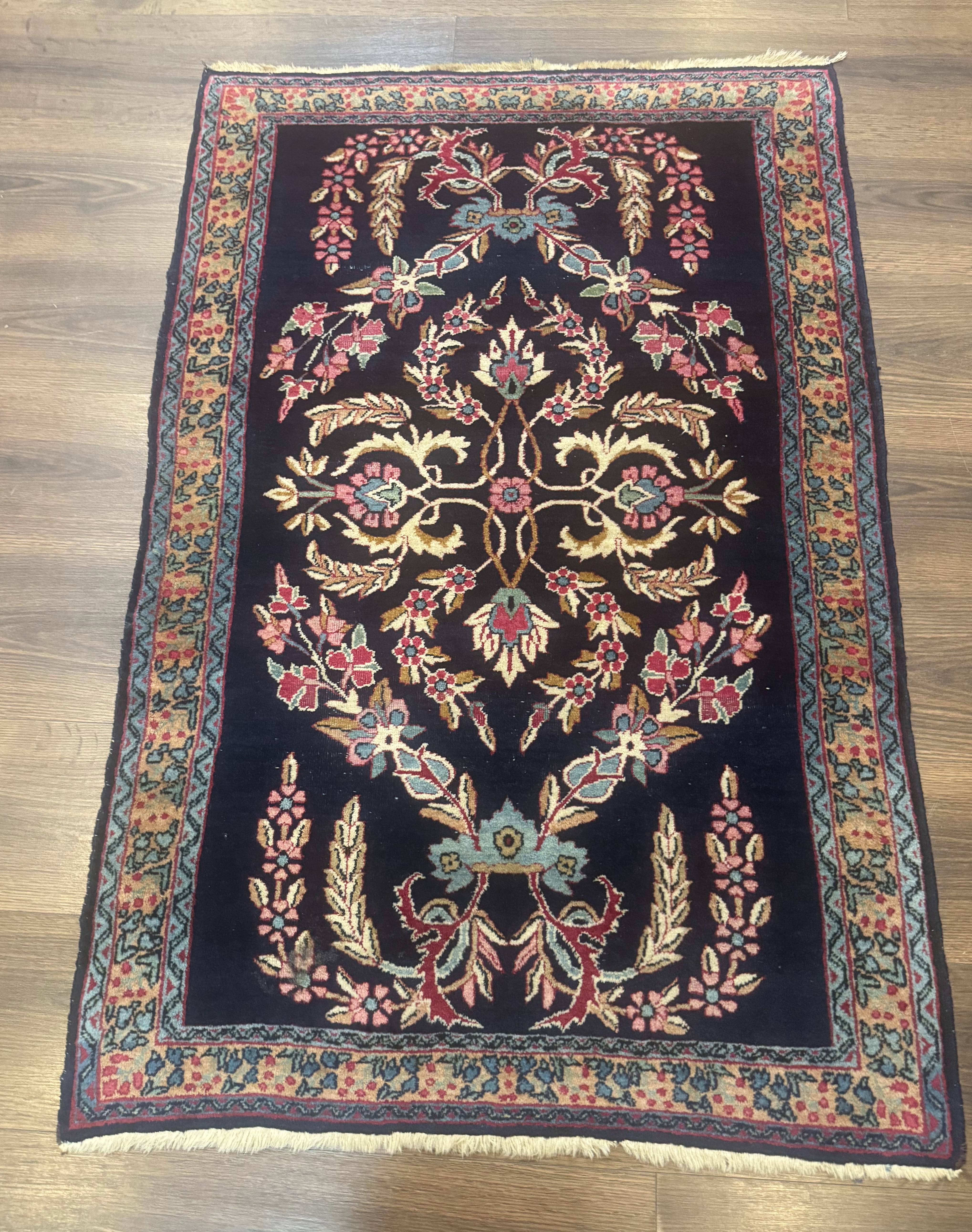 Antique Persian Kerman Rug 2.8 x 4, Navy Blue, Floral - Jewel Rugs
