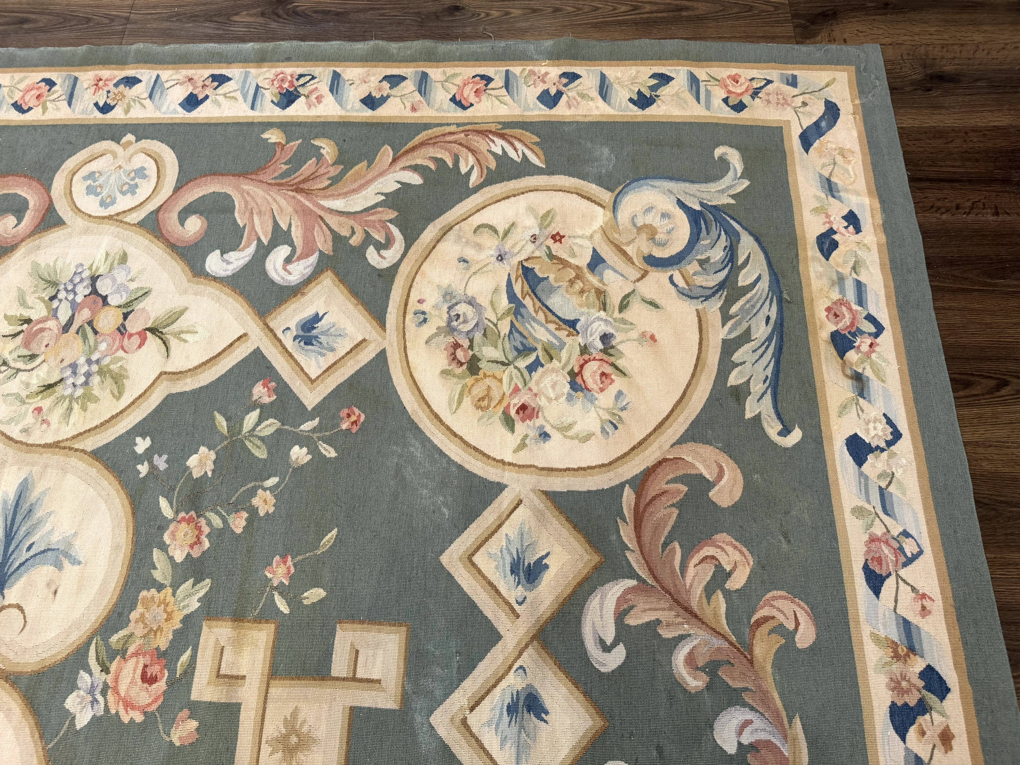 Aubusson Rug 9x12, Muted Sage Green and Cream, European Design - Jewel Rugs